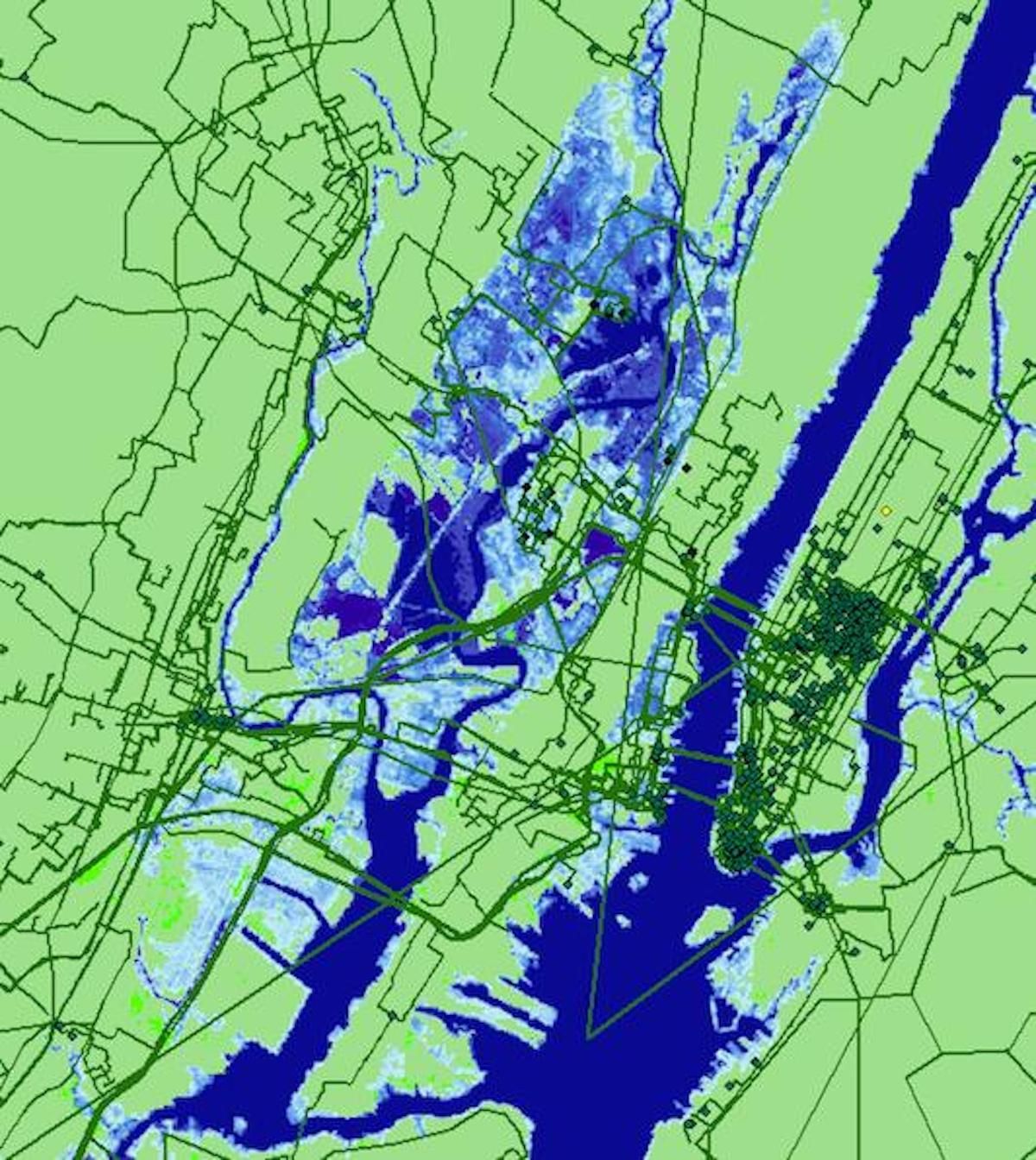 Seawater inundation projected for New York City by 2033 and its effect on internet infrastructure. 