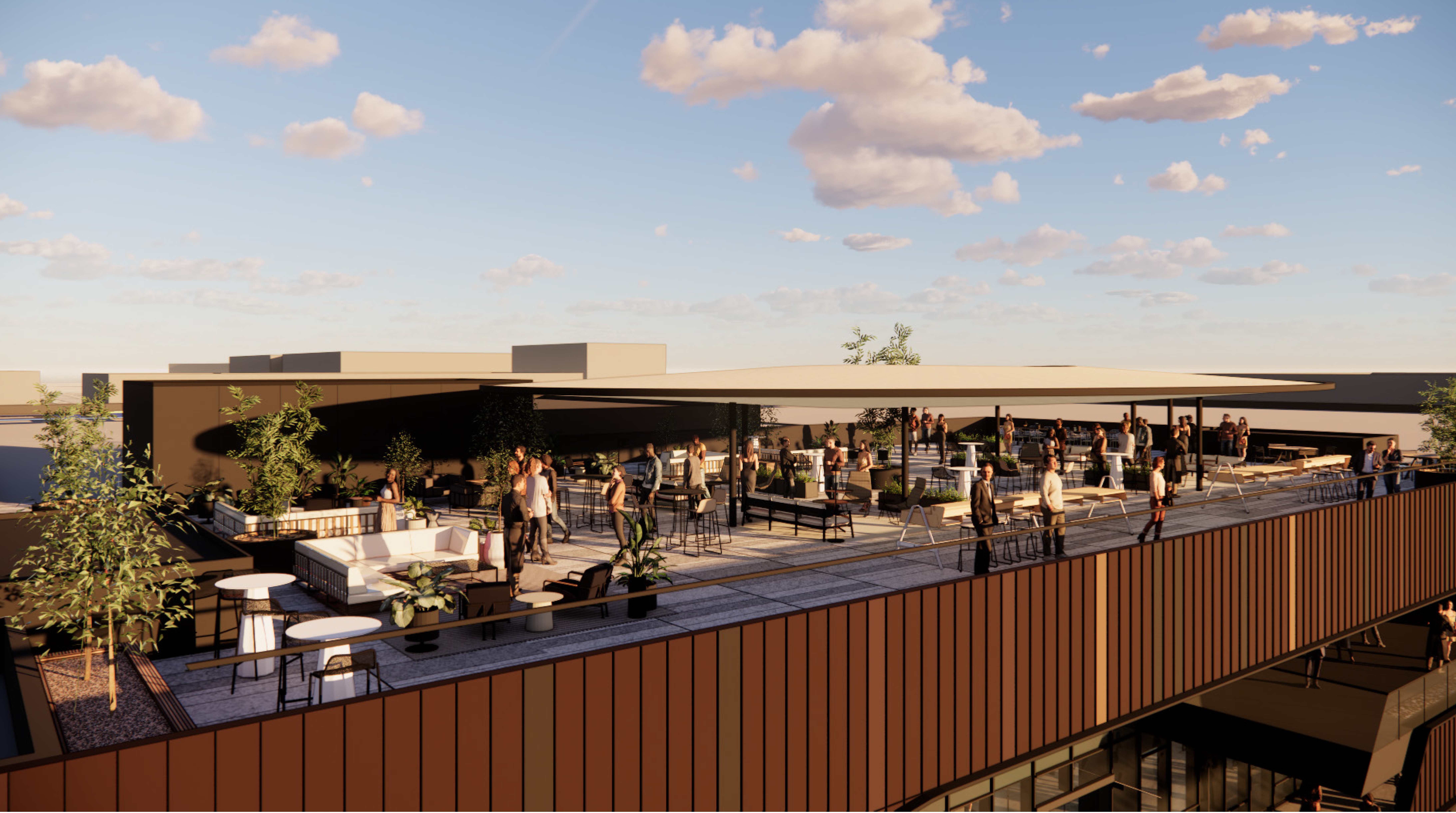 A rendering of a rooftop bar.