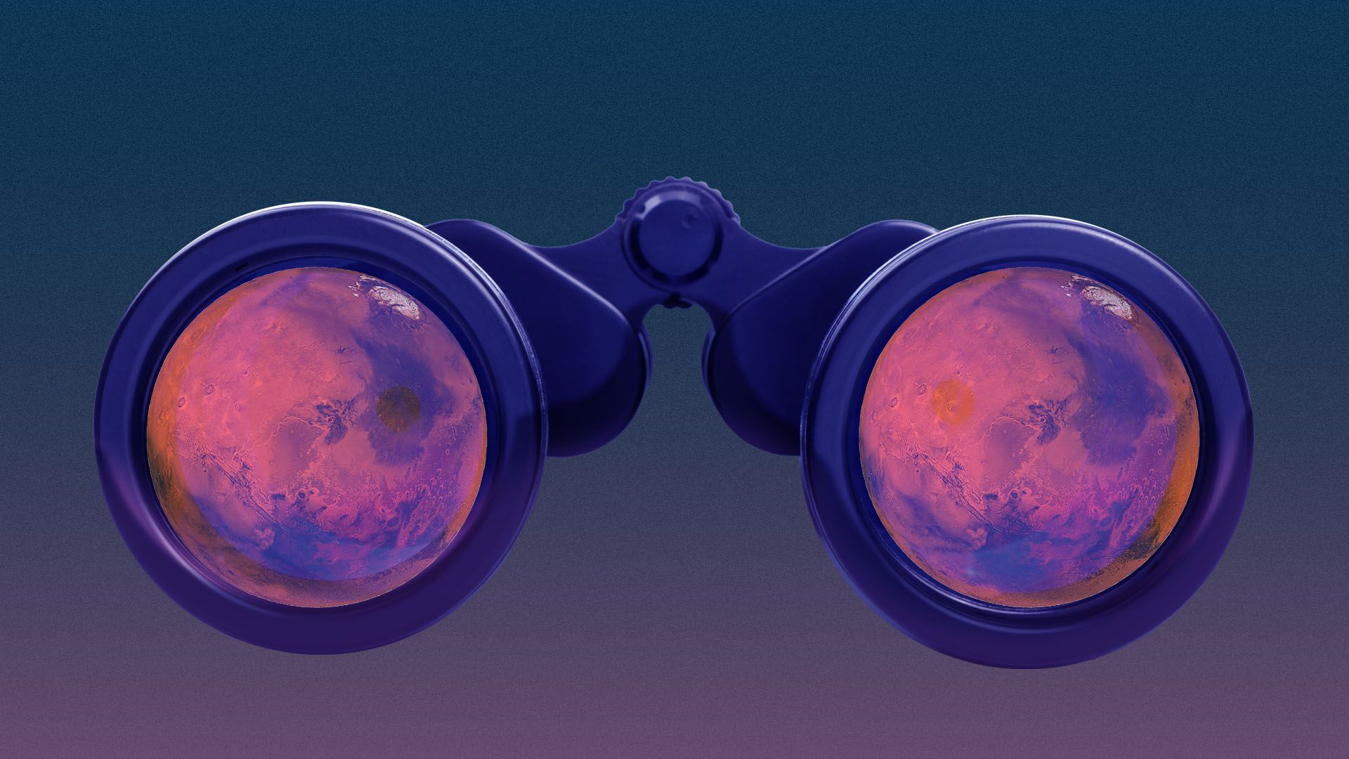 Illustration of Mars reflected in a pair of binoculars