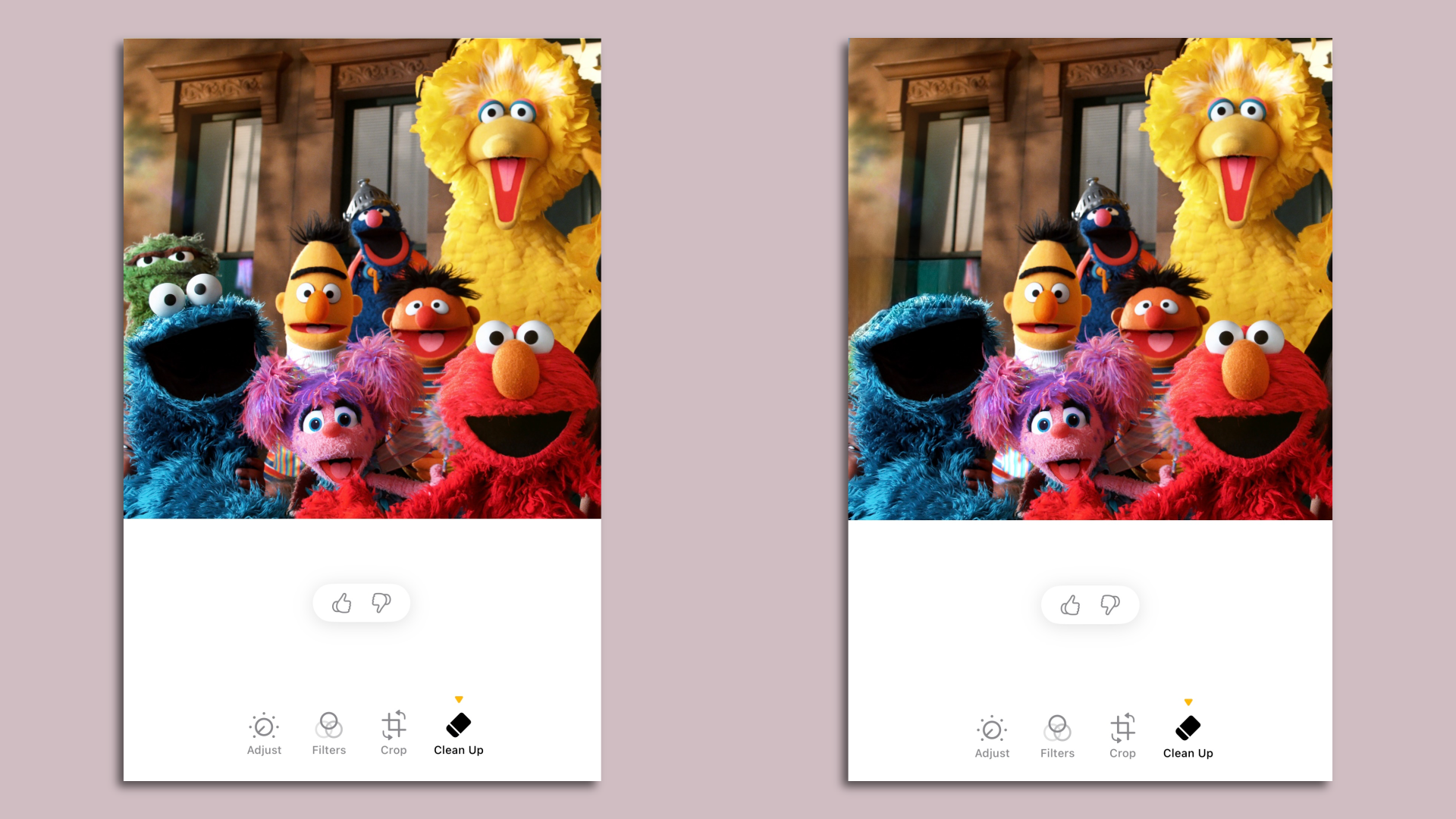 Two photos of the Sesame Street cast, the second with Oscar removed, as well as Cookie Monster's eyes, using Apple Intelligence's Clean Up tool.
