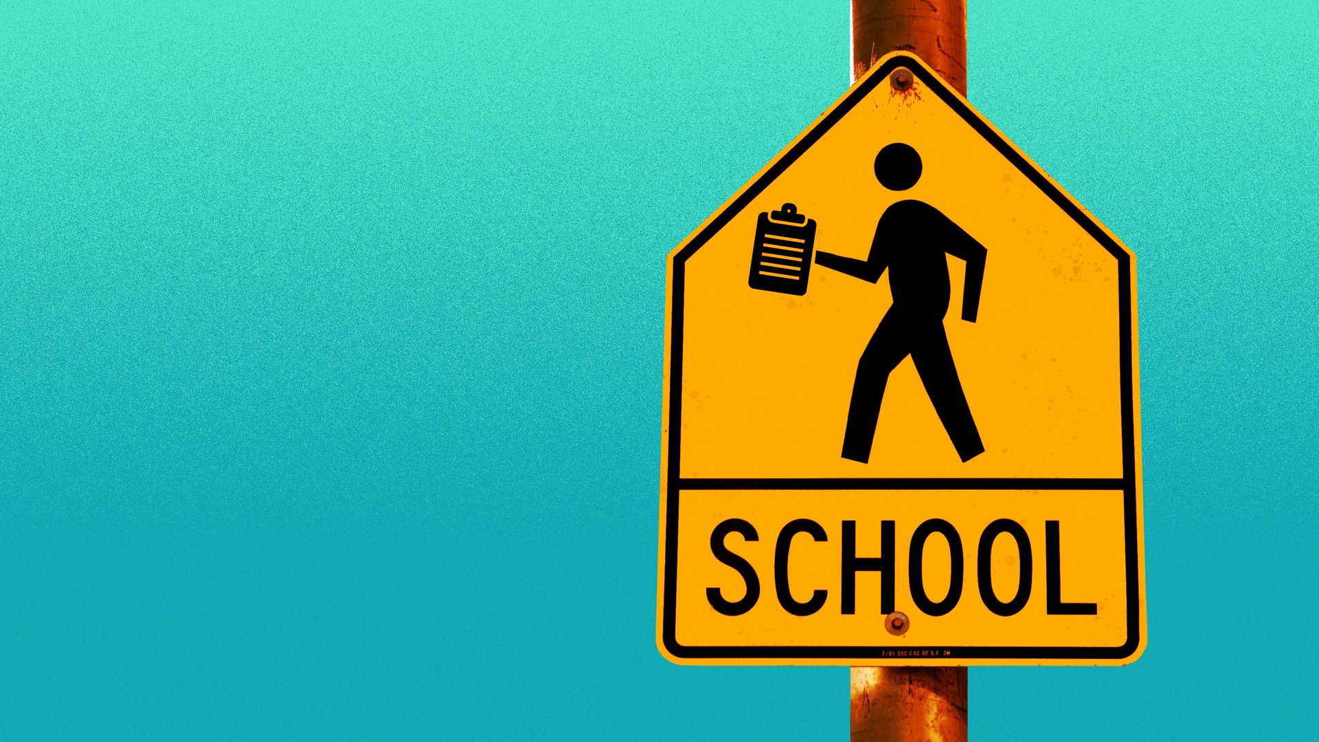 Illustration of a school sign depicting a person holding a clipboard. 