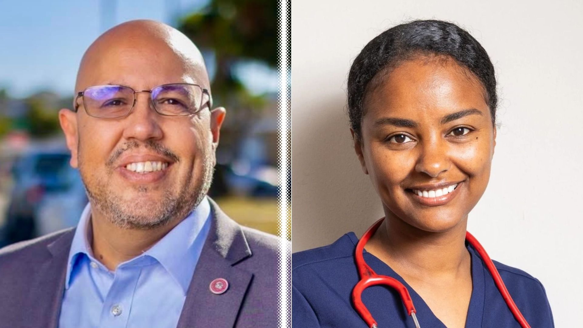 Side-by-side portraits: left a smiling bald man with glasses and light beard in a blue shirt and blazer outdoors; right a smiling woman with dark hair in scrubs and a red stethoscope against a neutral wall.