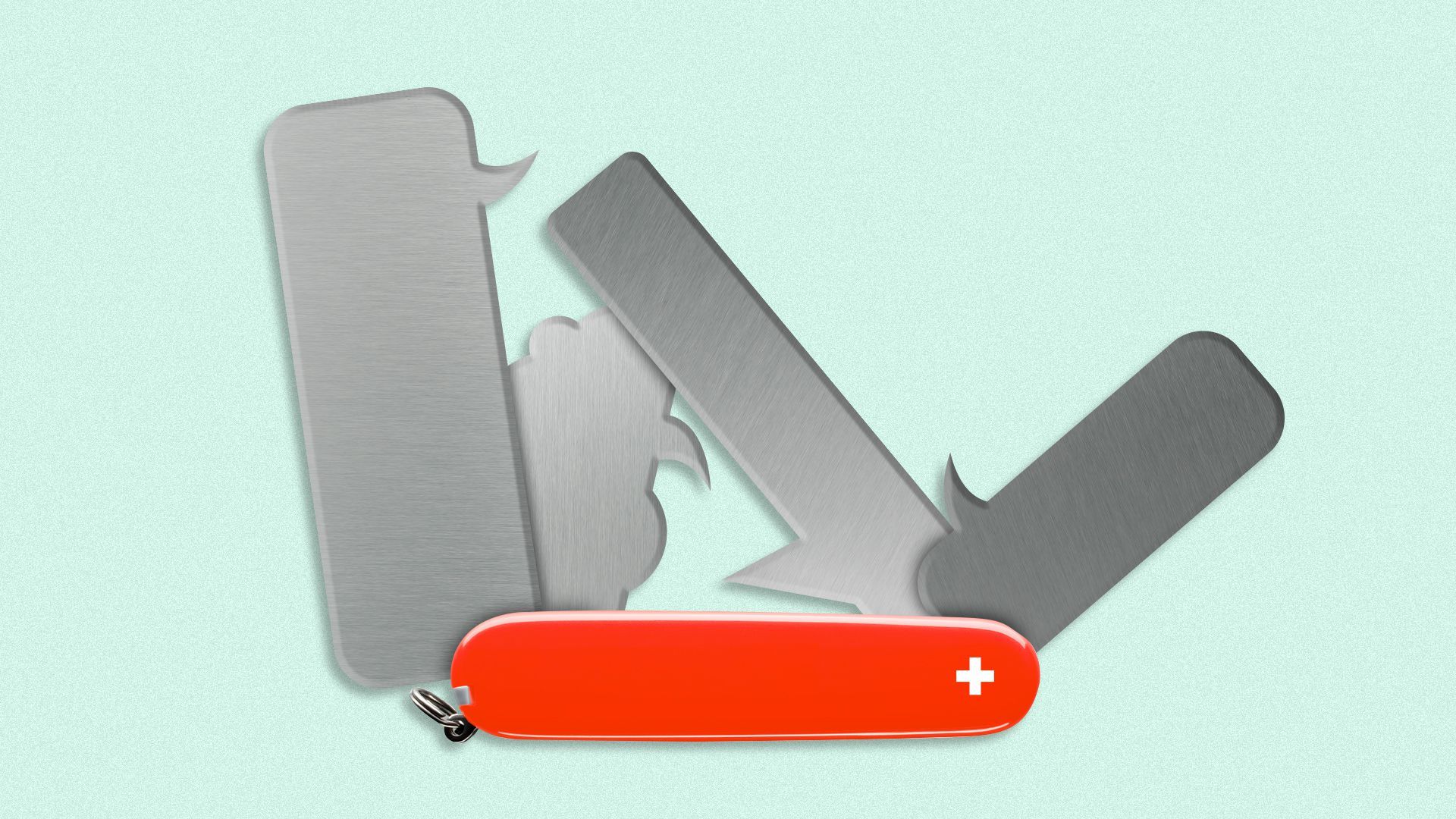 Illustration of a swiss army knife with various speech bubbles being pulled out. 