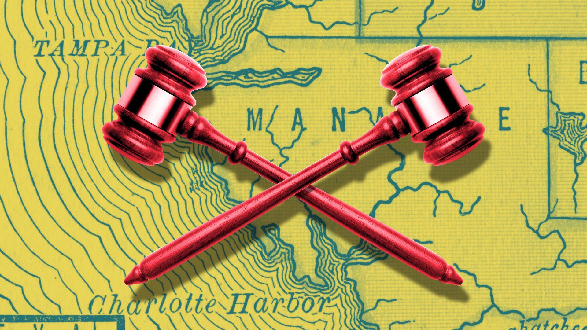 Illustration of two crossed gavels over a map of Manatee County, Fla. 