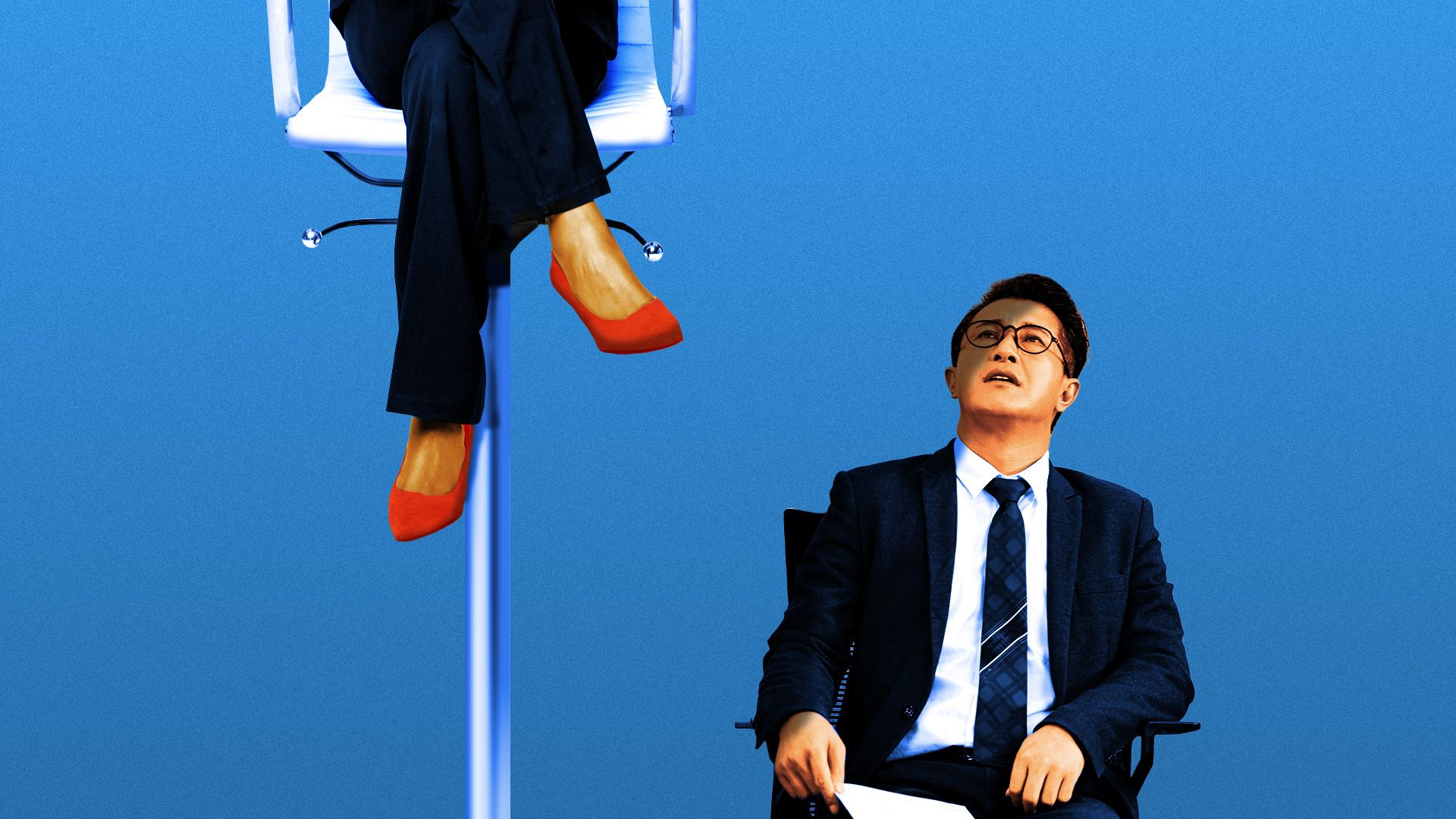 Illustration of an employee in an office chair that's positioned way above the boss below