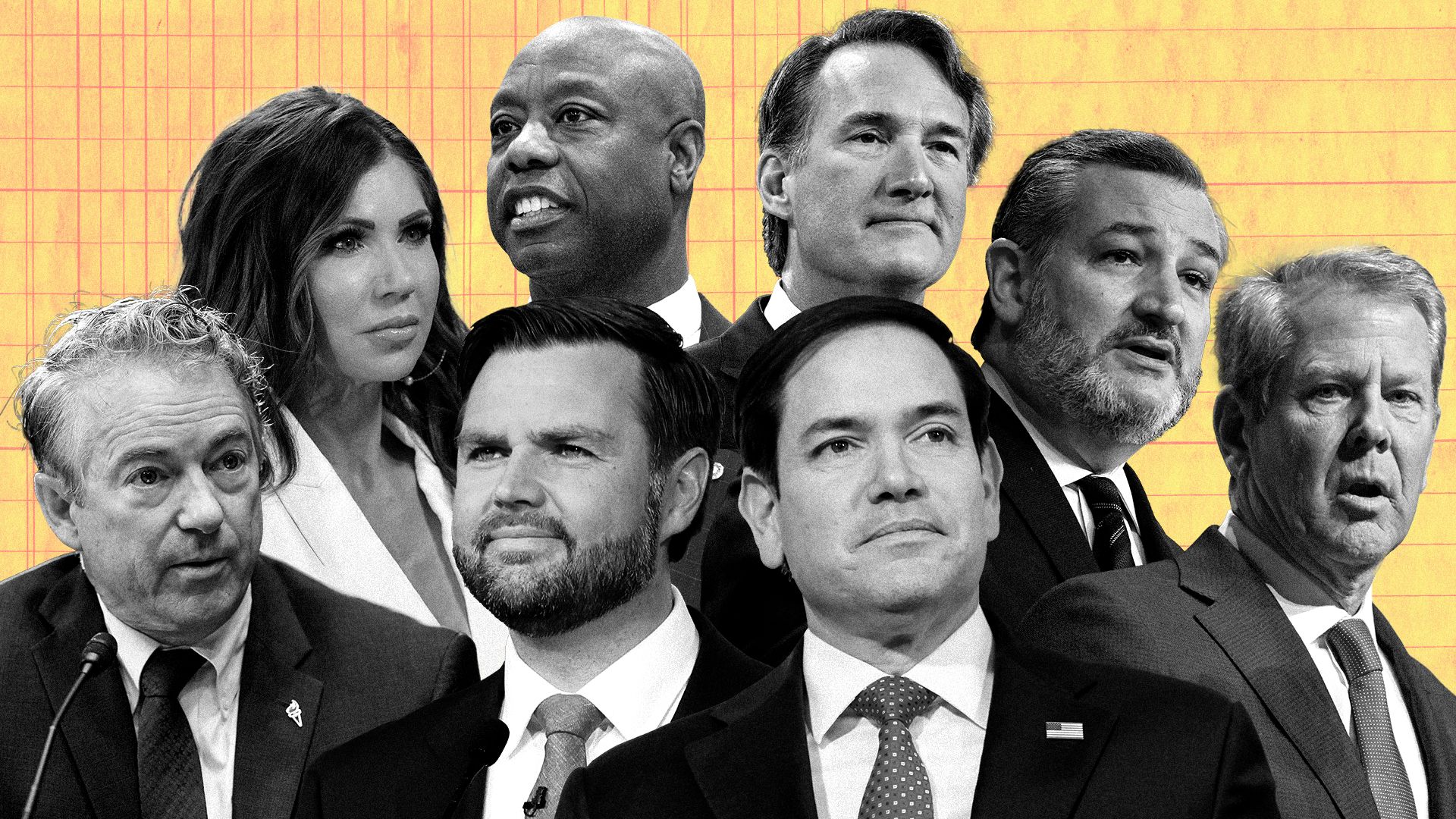 Photo illustration of Vice President JD Vance, Defense Secretary Marco Rubio, Virginia Gov. Glenn Youngkin, Texas Sen. Ted Cruz, Georgia Gov. Brian Kemp, South Carolina Sen. Tim Scott, Kentucky Sen. Rand Paul, and Homeland Security Secretary Kristi Noem.