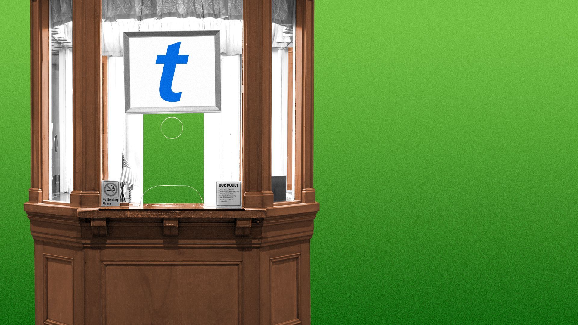 Illustration of a Ticketmaster sign on a ticket booth.