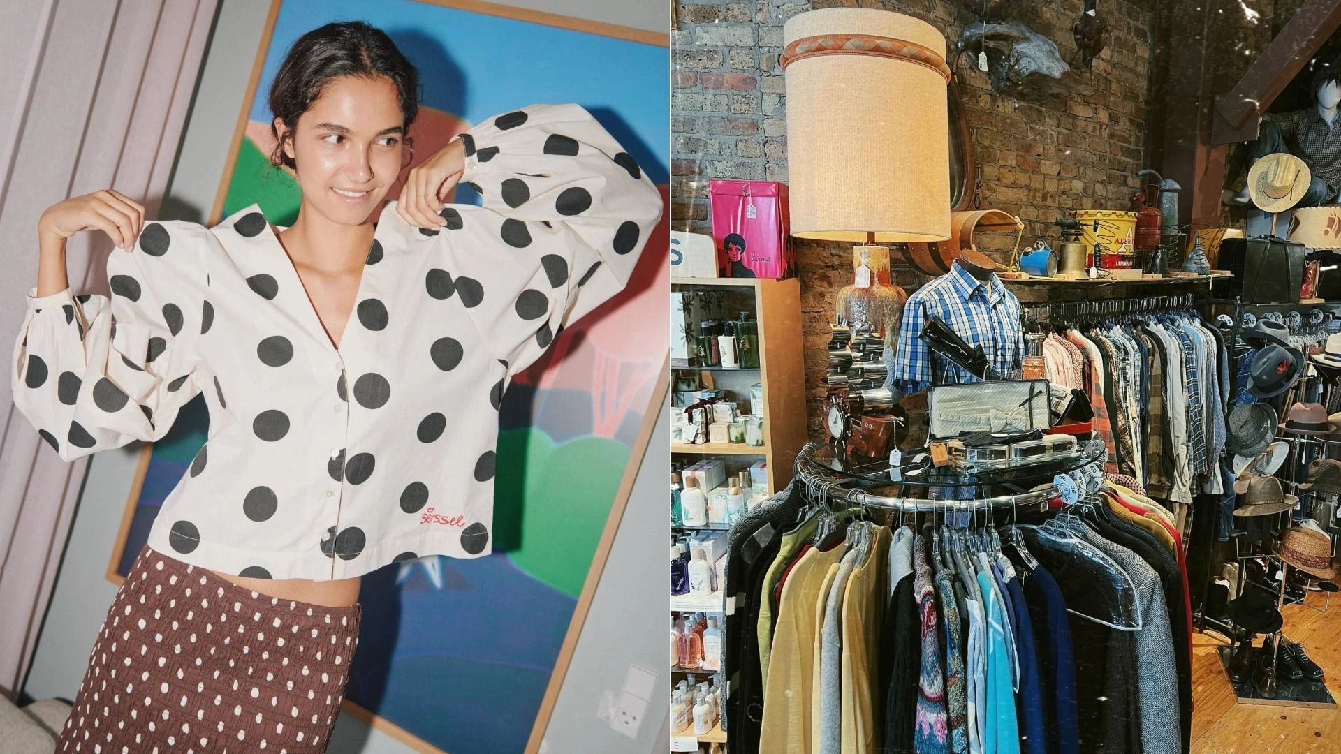 Split image: left a woman in a white polka-dot blouse and brown polka-dot skirt before a bright mural; right a vintage clothing shop with racks, hats, and a brick wall.