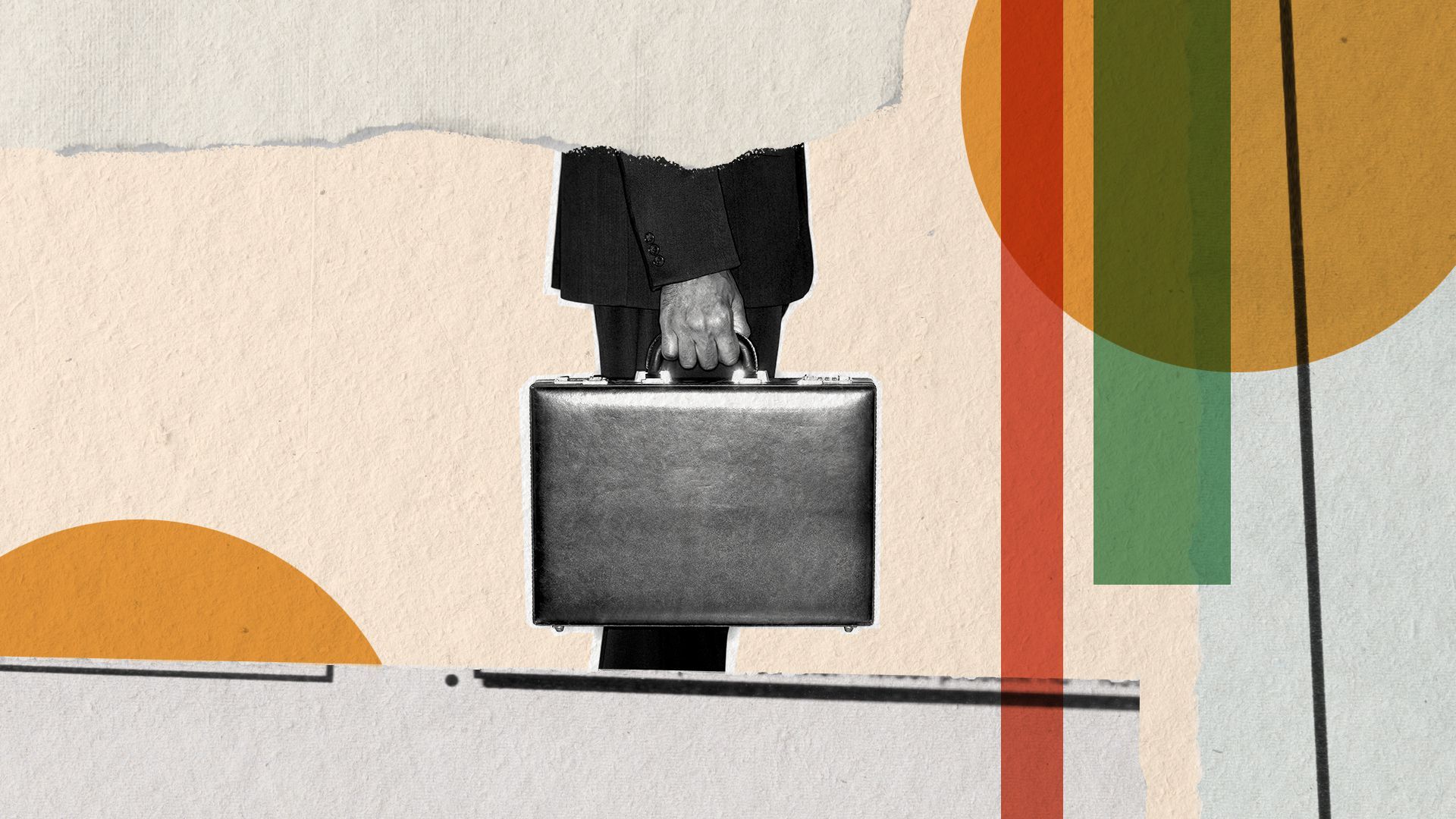 Illustration collage of a person holding a briefcase surrounded by torn pieces of paper and shapes