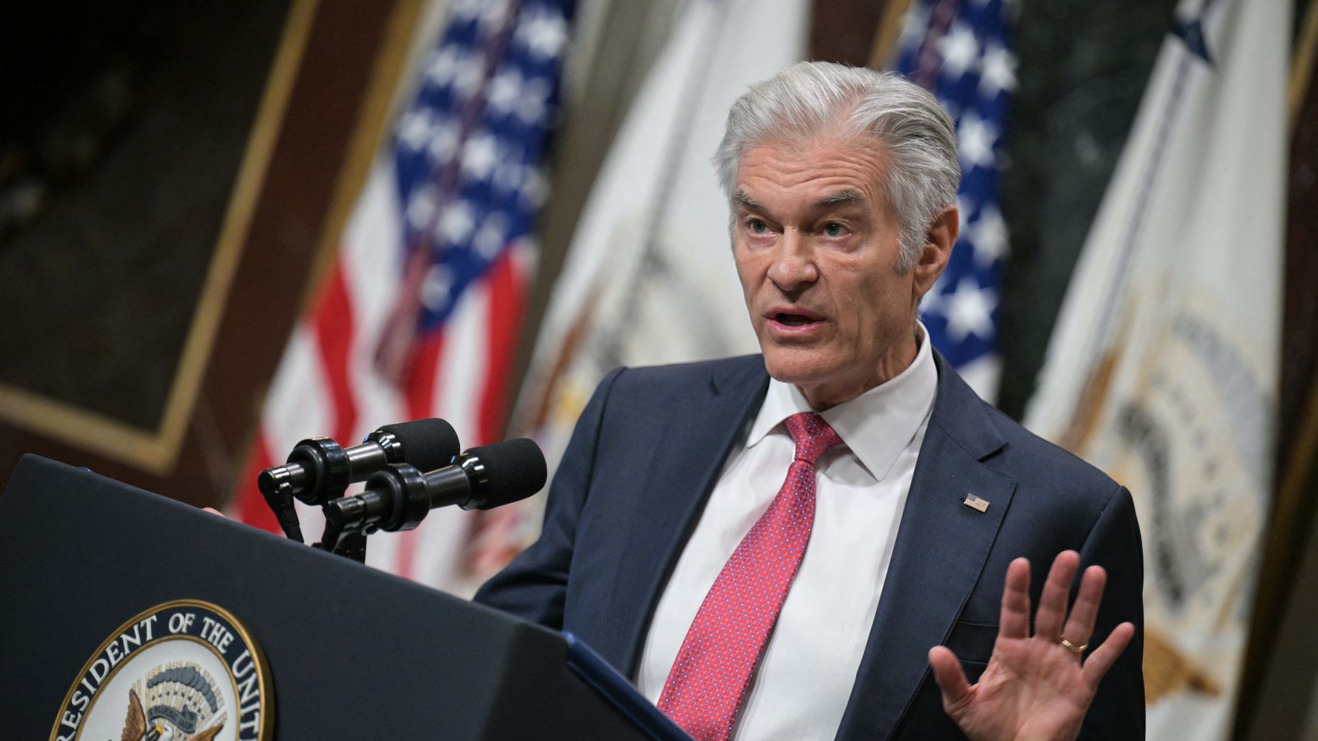 Mehmet Oz speaks about combatting fraud, at the Eisenhower Executive Office Building on the White House complex in Washington, DC, on February 25, 2026. 