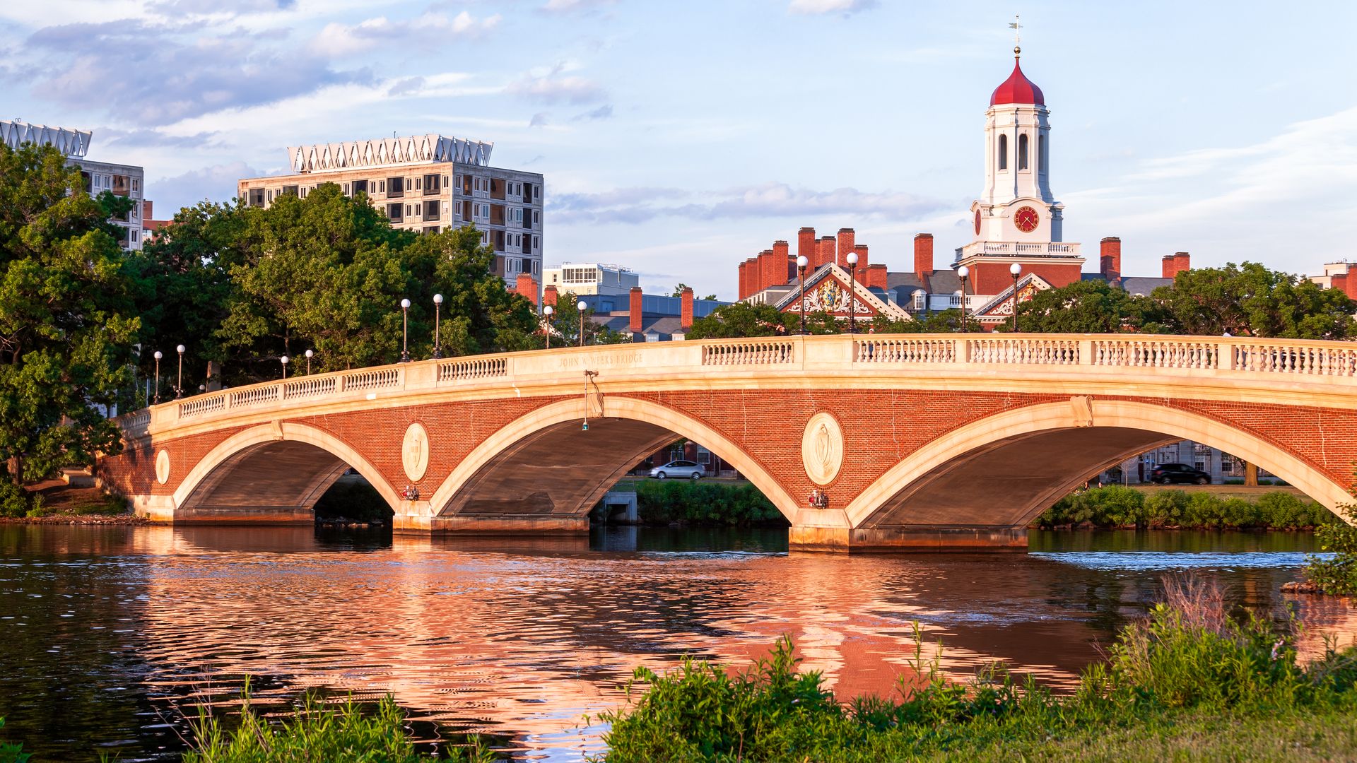 This is an image of a bridge at Harvard on a sunny, clear day. 