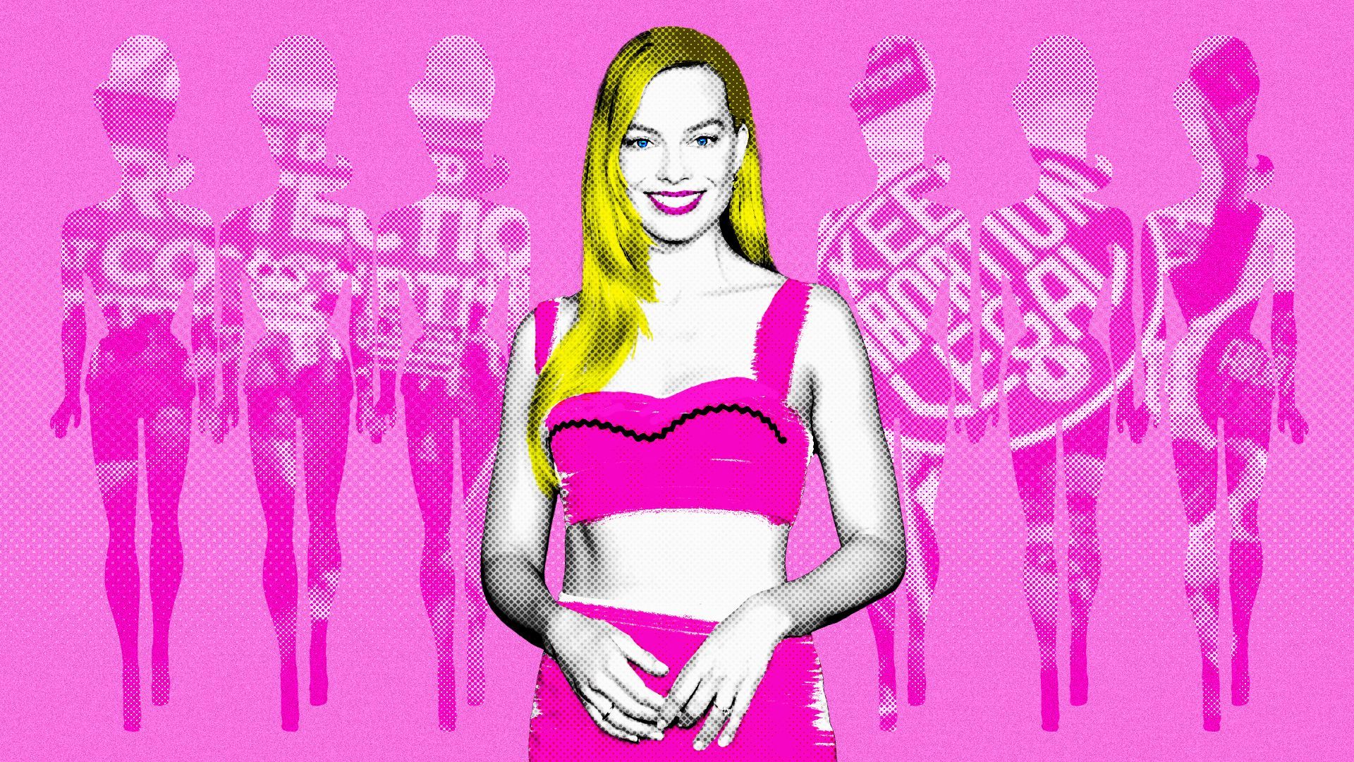 Photo illustration of Margot Robbie dressed as Barbie in front of silhouettes of the original Barbie doll covered in a photo of protestors from the 2023 March for Life.