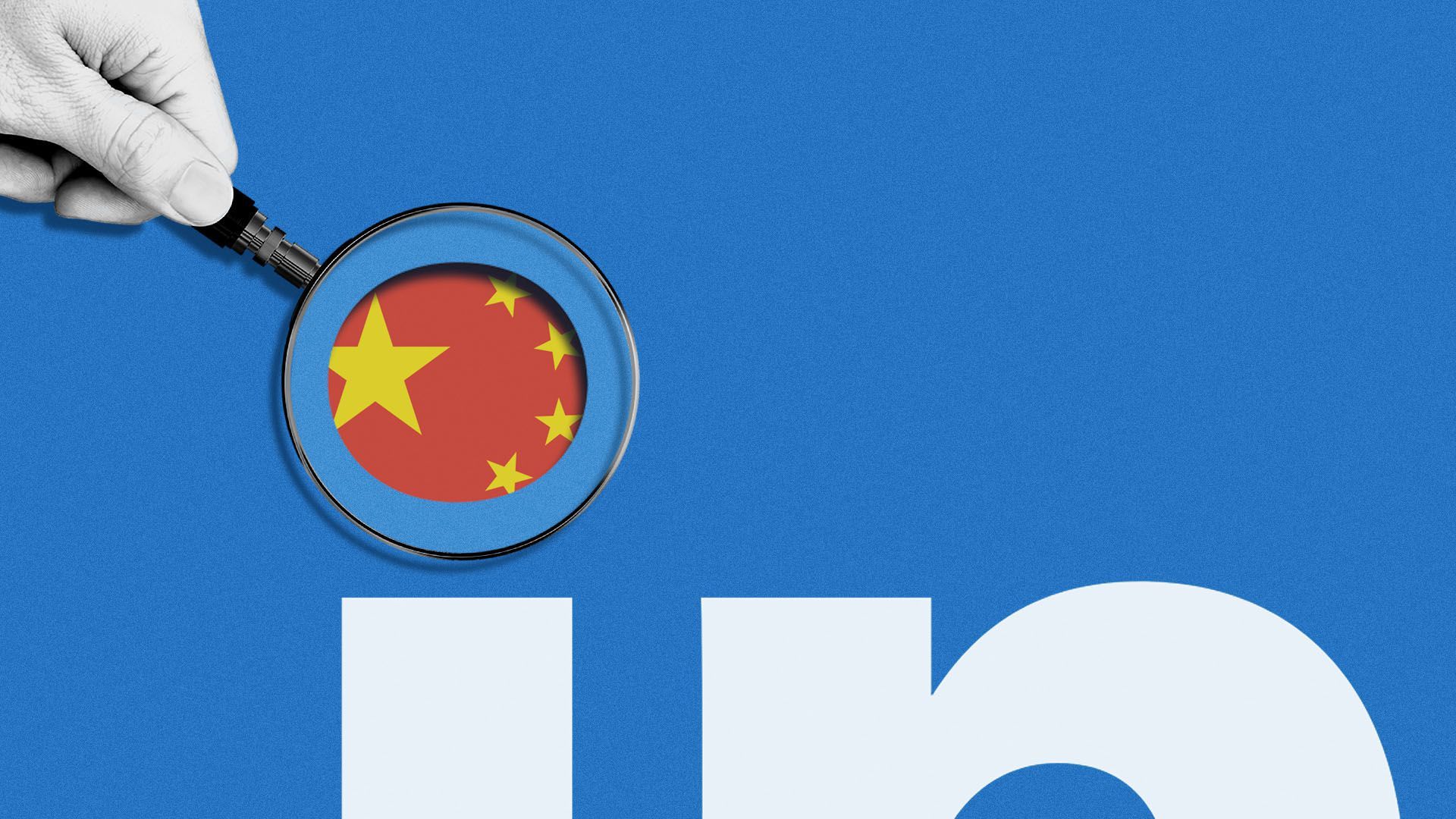 Illustration of a magnifying glass over the dot in the LinkedIn logo revealing China's flag beneath
