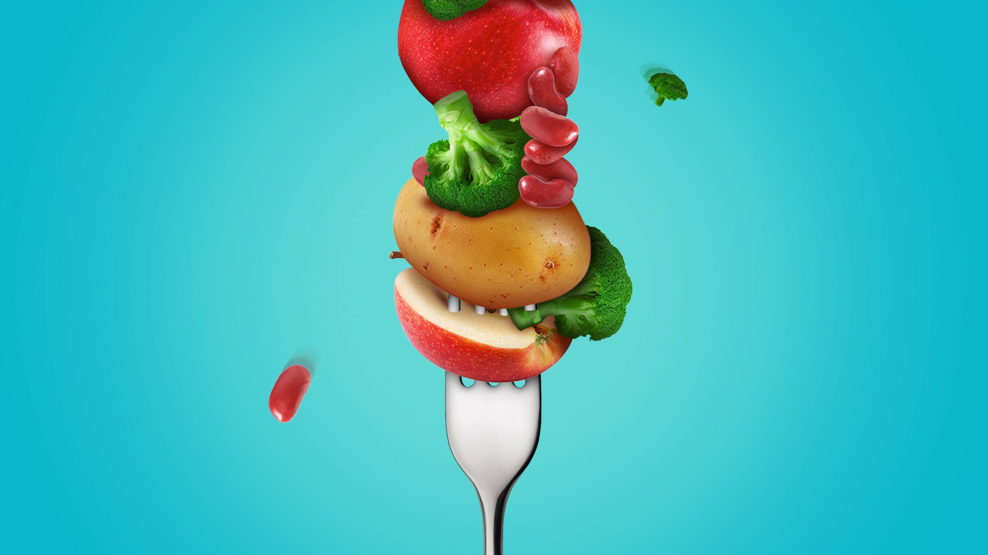 Illustration of a fork stuffed high with fiber foods like beans, broccoli and apples. 