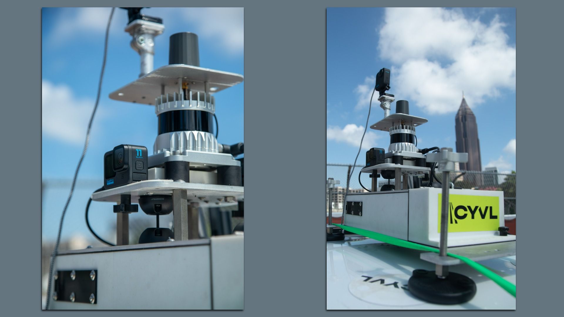 Two side-by-side images of a high-speed camera rig on an outdoor metal platform. Blue sky with clouds; foreground shows cables and machinery, with a tall skyscraper visible in the right image.