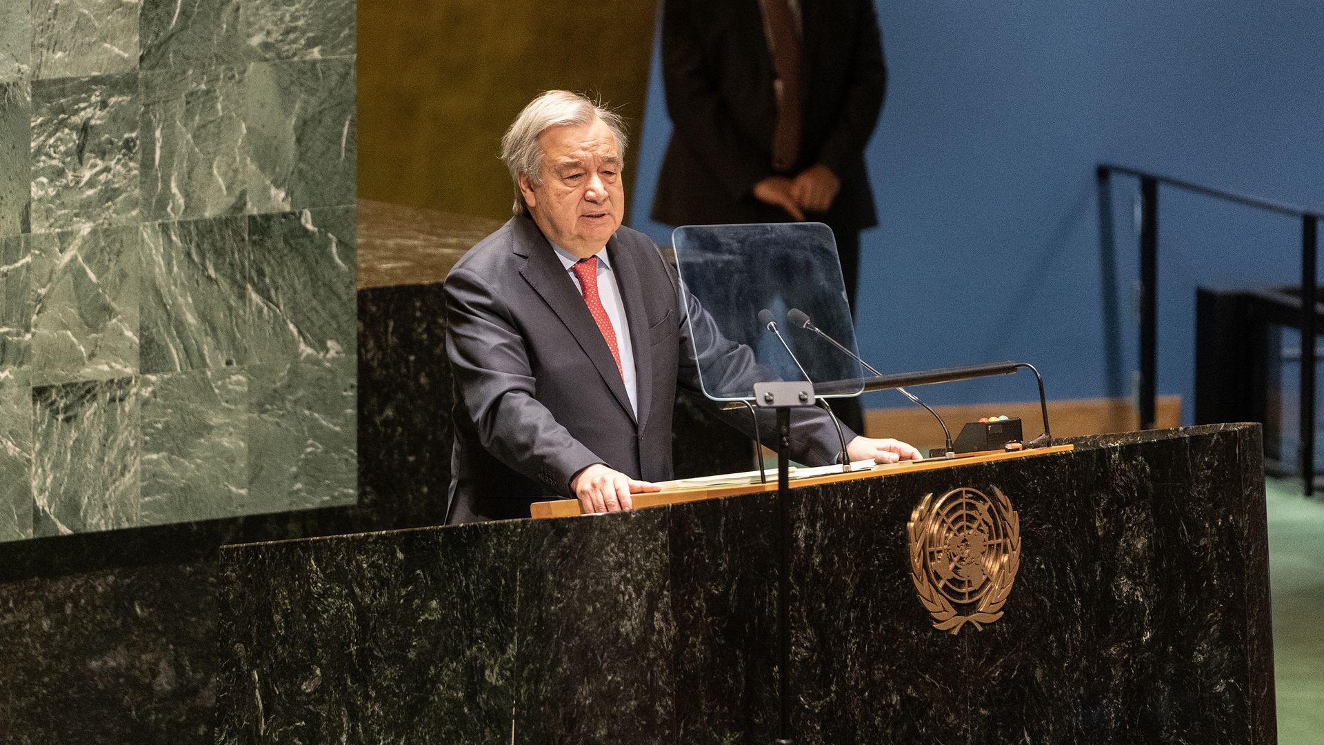 UN Secretary-General António Guterres speaking during the General Assembly in New York City on Feb. 6.