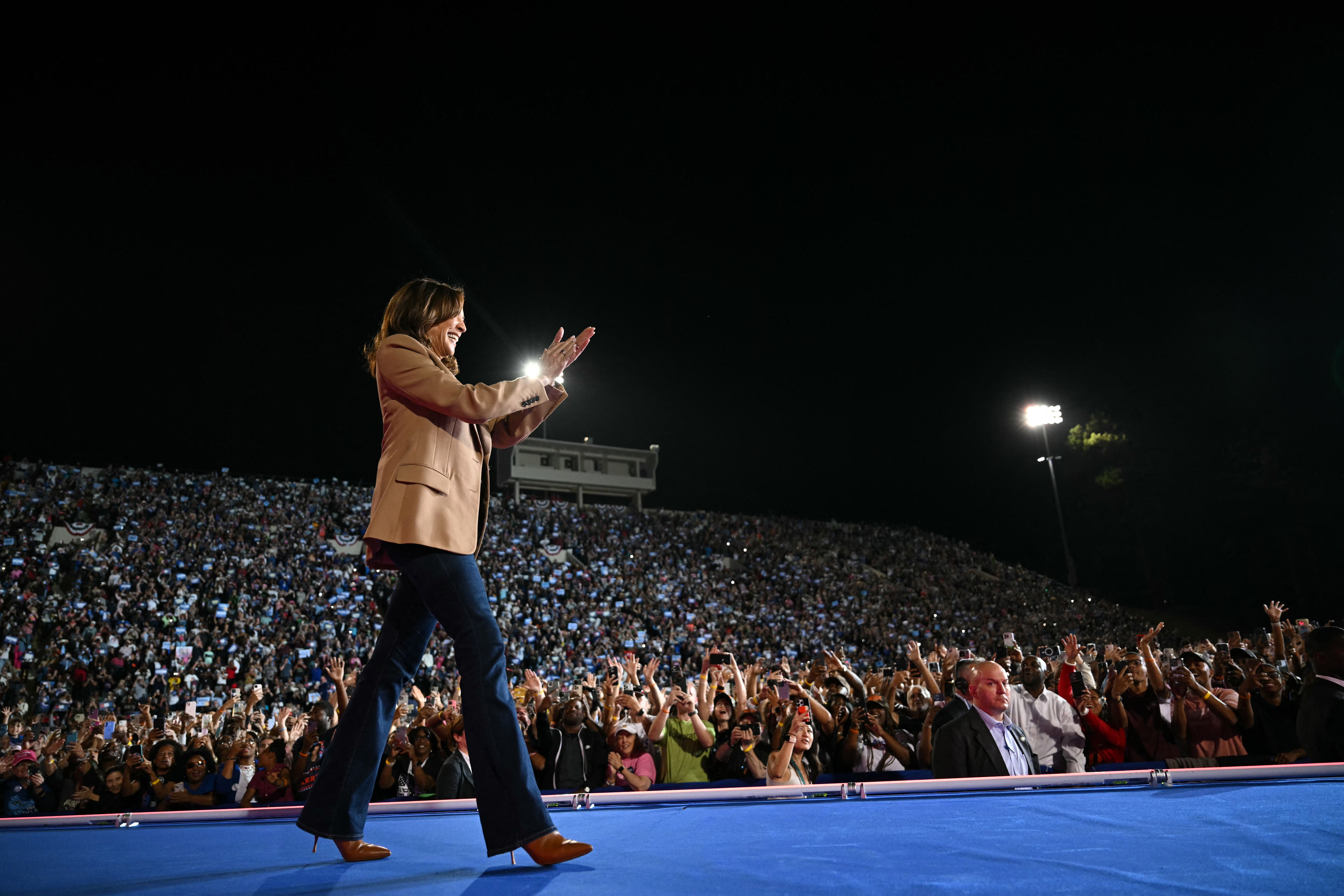 US Vice President and Democratic presidential candidate Kamala Harris takes the stage during a campaign rally supporting at the James R Hallford Stadium in Clarkston, Georgia on October 24, 2024. (Photo by Drew ANGERER / AFP) (Photo by DREW ANGERER/AFP via Getty Images)