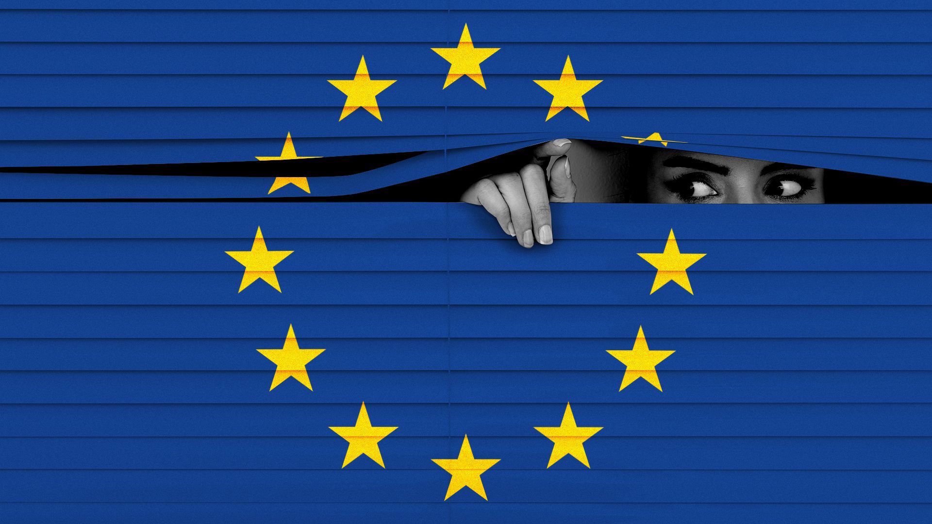 Illustration of a woman looking out from blinds with the EU flag printed on the blinds. 
