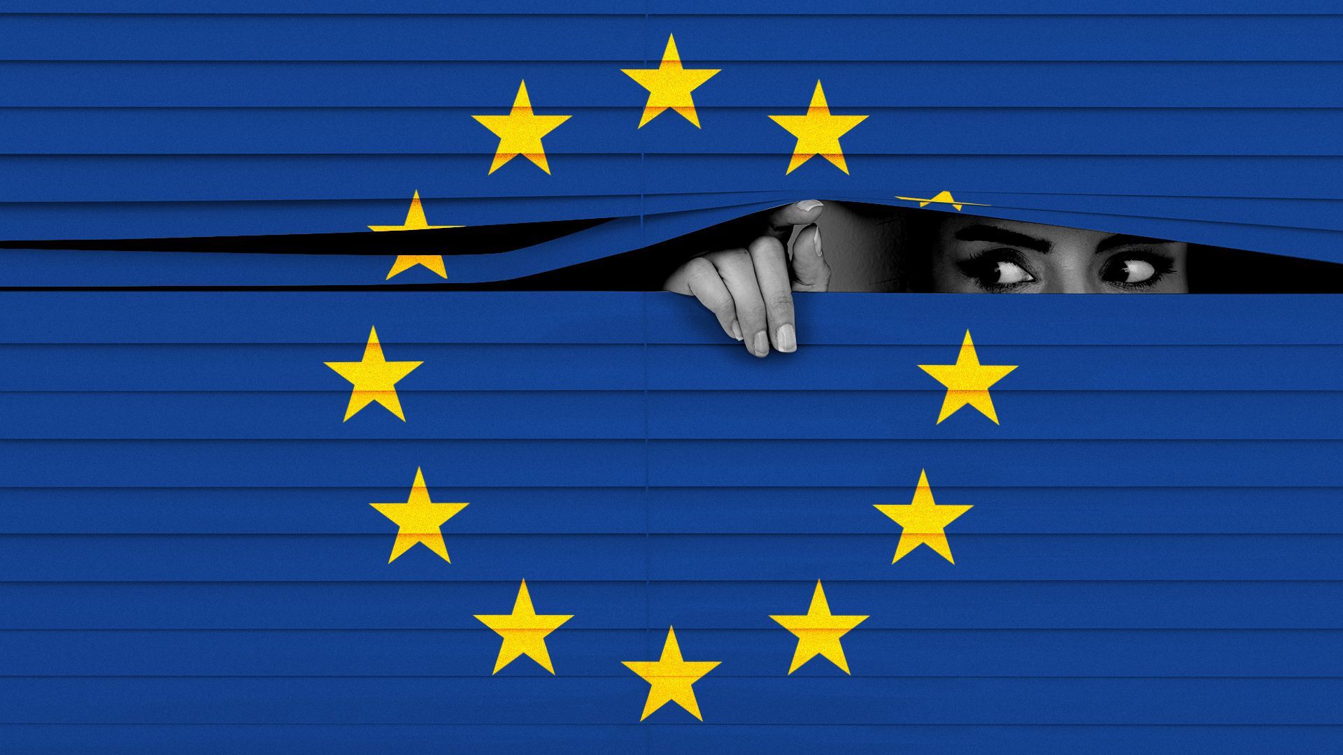Illustration of a woman looking out from blinds with the EU flag printed on the blinds.