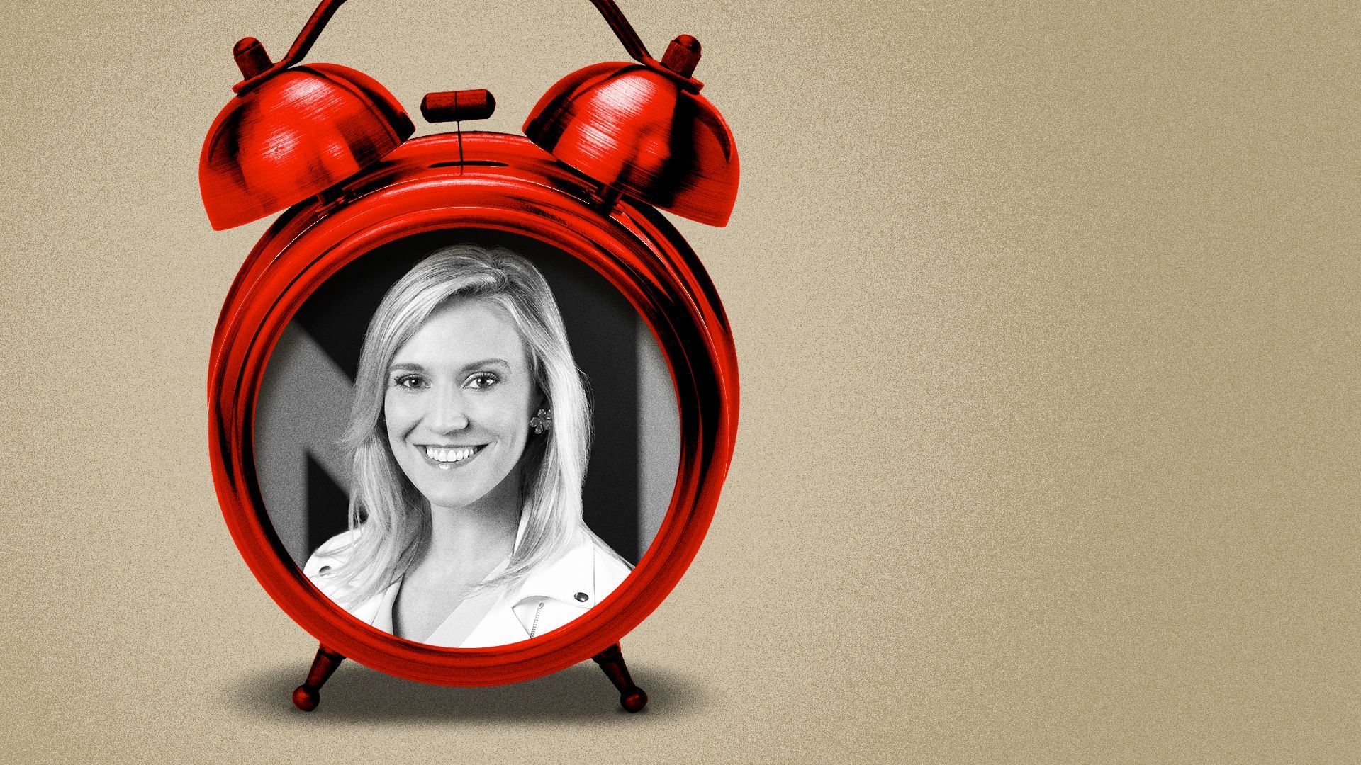 Photo illustration collage of Crystal Bowyer inside a red alarm clock.