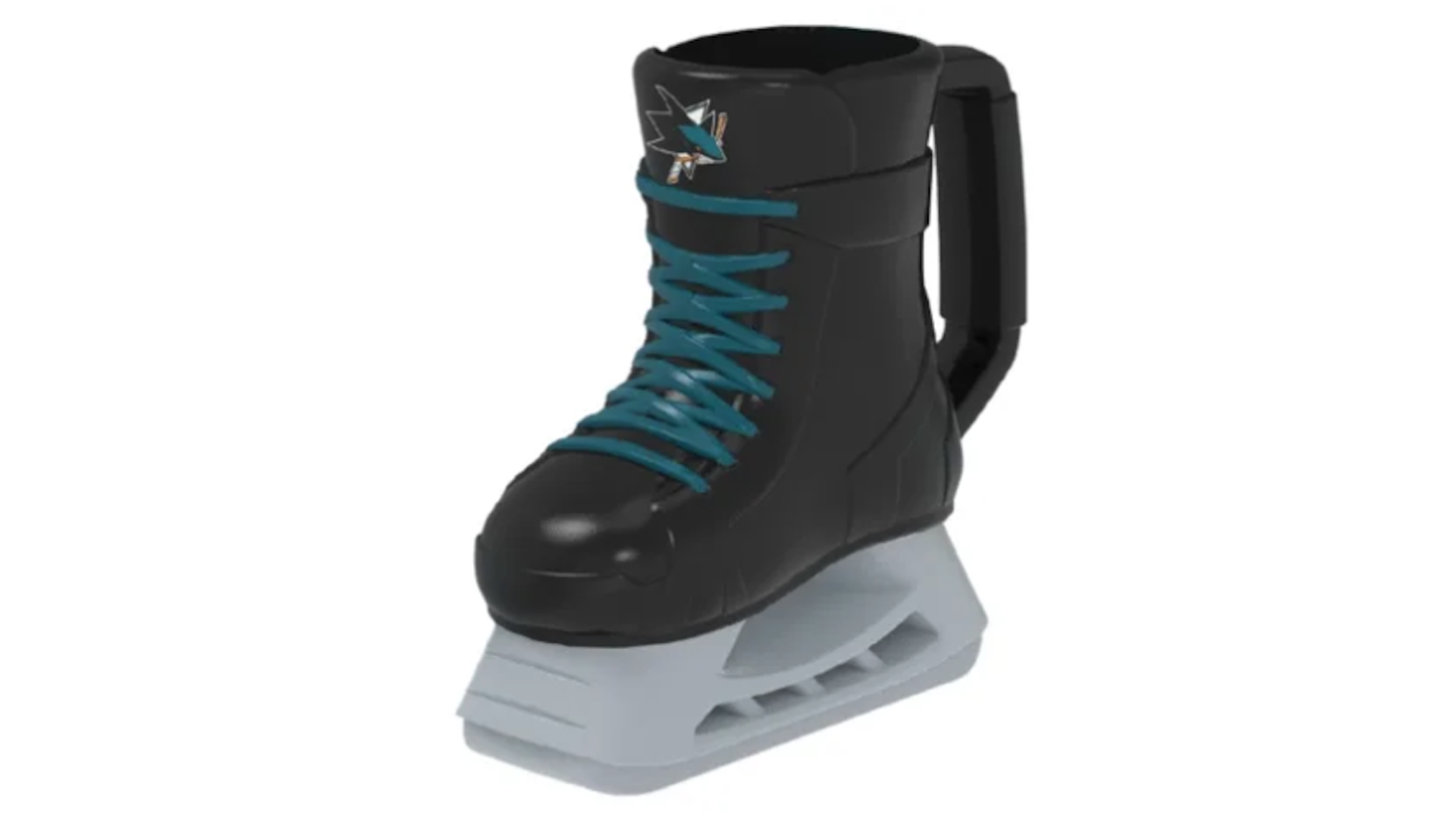 Black ice skate boot with teal laces and a teal-accent logo on the cuff, mounted to a chunky light-gray blade base.