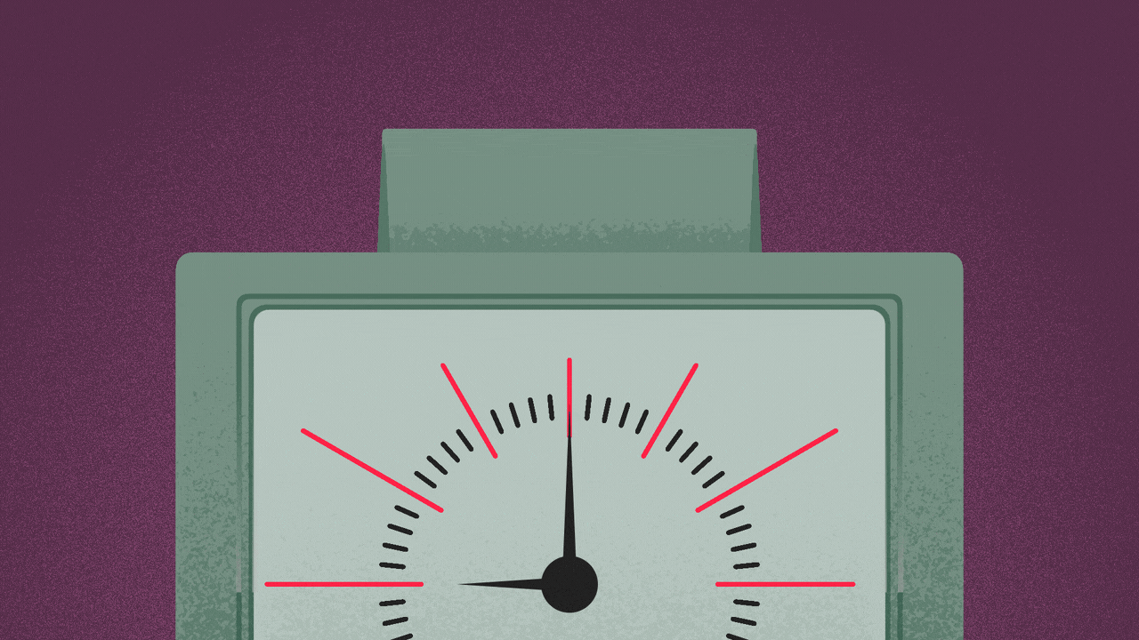 Animated illustration of a timecard punching in a timeclock, making the hands of the clock spin on and on. 