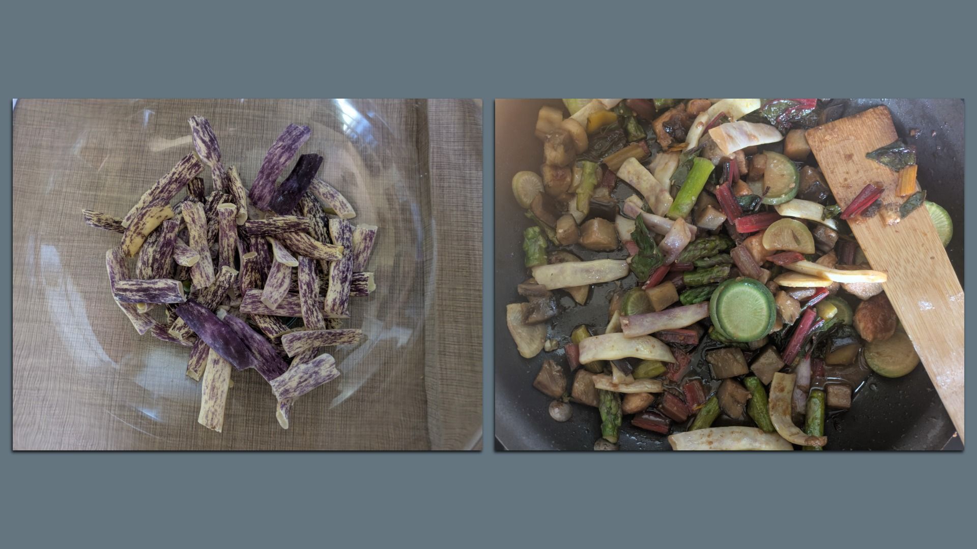 Two-panel image: left shows raw purple-striped sweet potato batons piled on a wooden surface; right shows a colorful vegetable stir-fry (zucchini, peppers, onions, mushrooms, greens) in a pan with a wooden spatula.