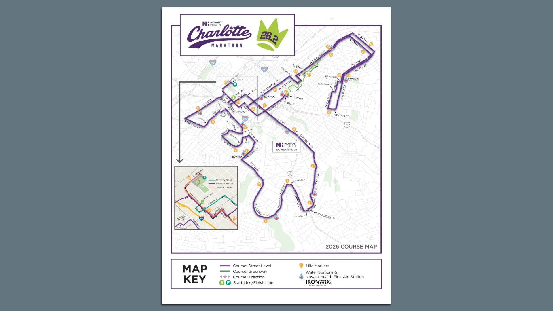 Map of the Charlotte Marathon course with a bold purple route labeled 26.2 miles on a city street map. Top logo reads "Charlotte Marathon"; includes mile markers, water stations, and a map key.