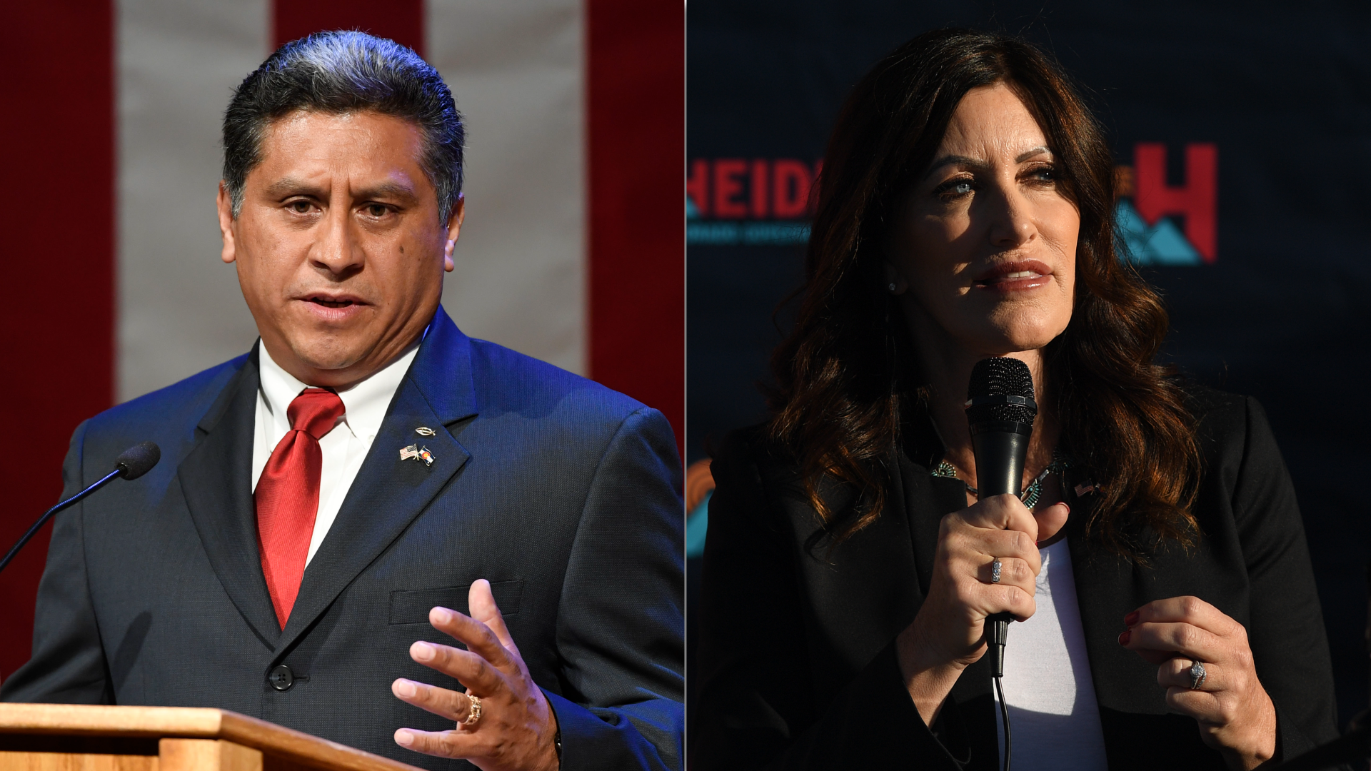 Greg Lopez, left, at a debate in 2018. Heidi Ganahl at a campaign event in 2021. Photos: Andy Cross and RJ Sangosti/Denver Post via Getty Images