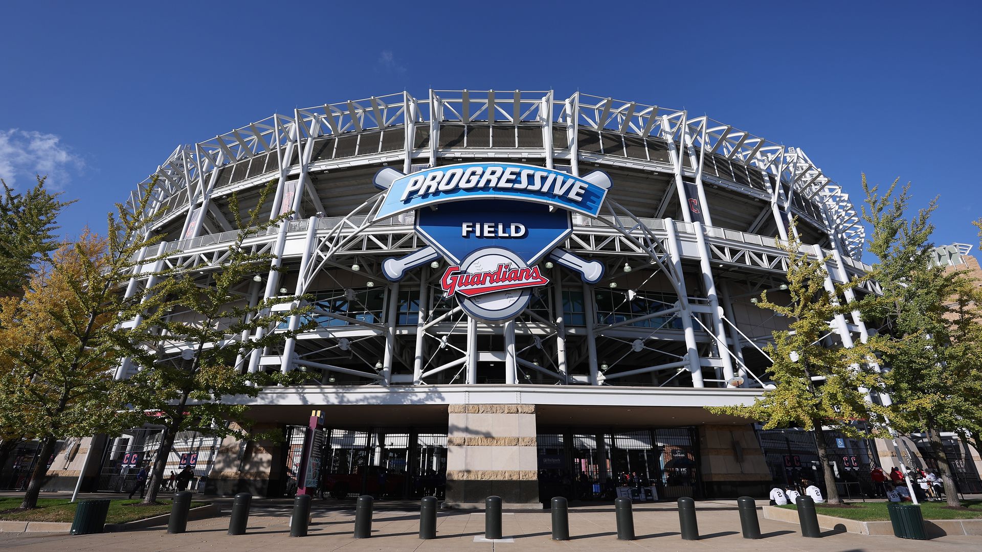 An outside view of the front of Progressive Field ballpark in Cleveland. 