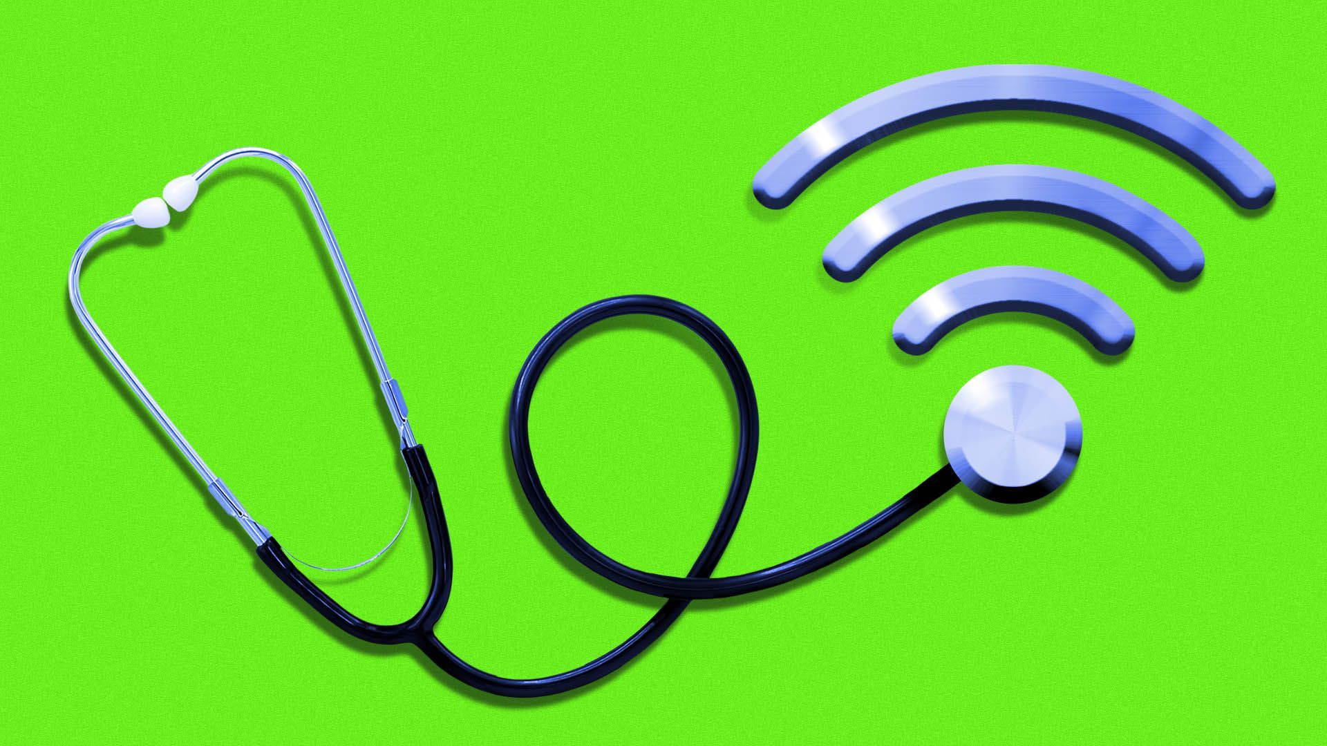 Illustration of a stethoscope combined with a wifi signal