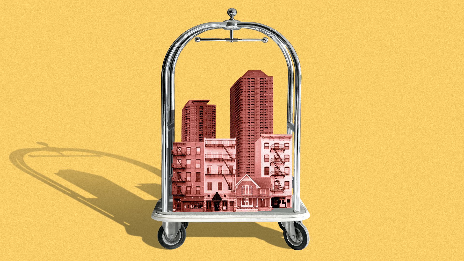Illustration of a luggage cart carrying apartments, a house, and high-rises.