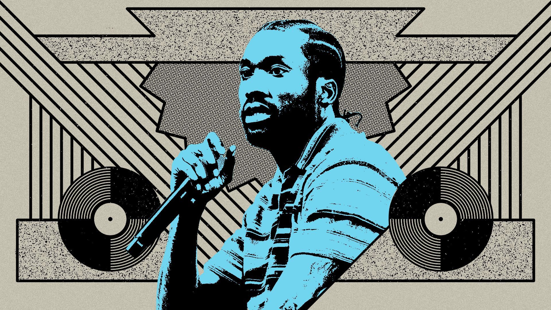 Photo illustration of Meek Mill in front of a pattern reminiscent of an early Hip-hop show flyer.