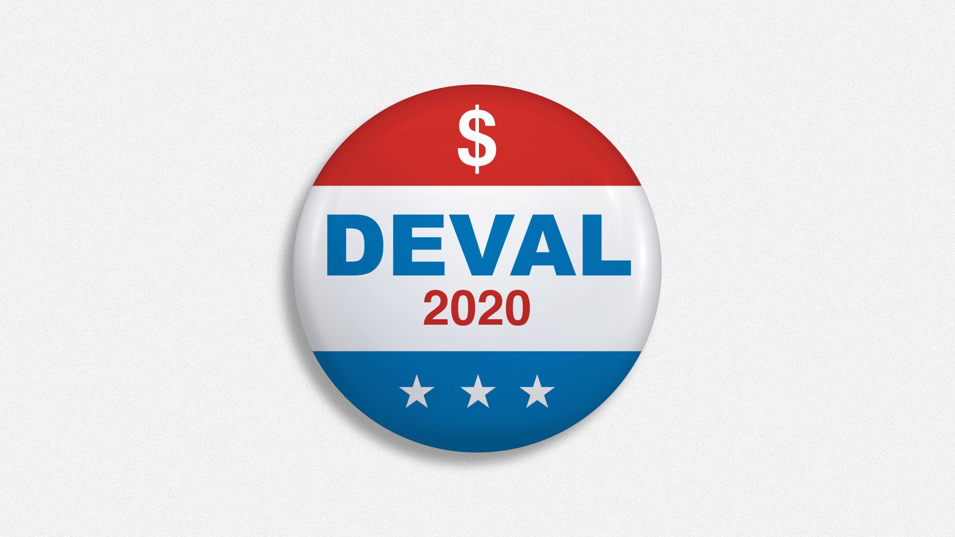 Illustration of Deval 2020 campaign button with dollar sign and stars.