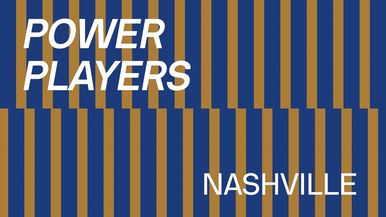 Illustration of two rows of dominos falling with text overlaid that reads Power Players Nashville.
