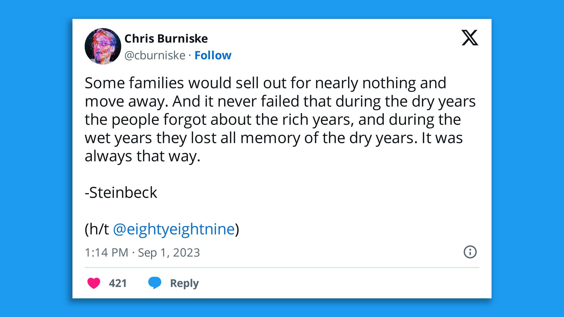 A screenshot of a tweet with a literary quote from East of Eden