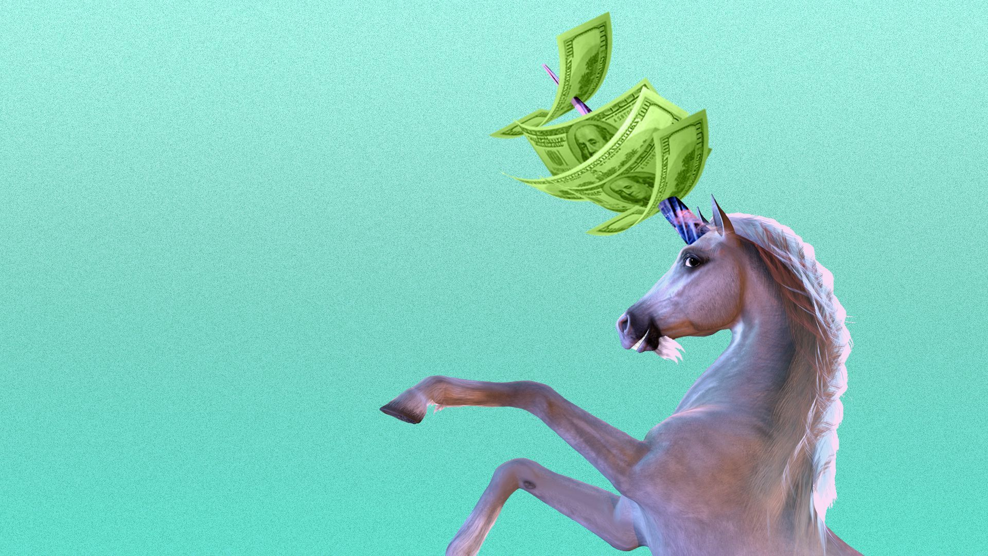 A unicorn rears up with a stack of cash speared on its horn. 