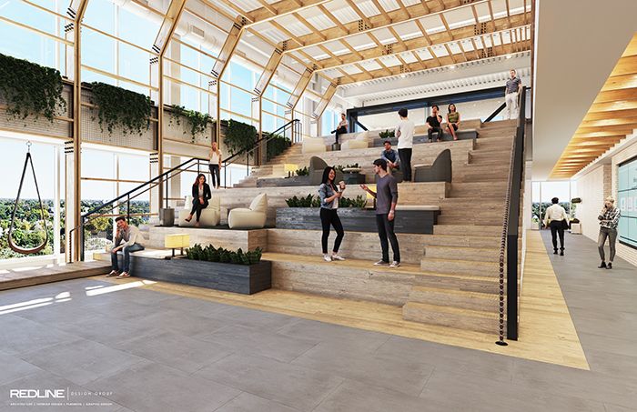 Rendering of the 'town hall' staircase area at LendingTree's new headquarters under construction in South End (courtesy of LendingTree)