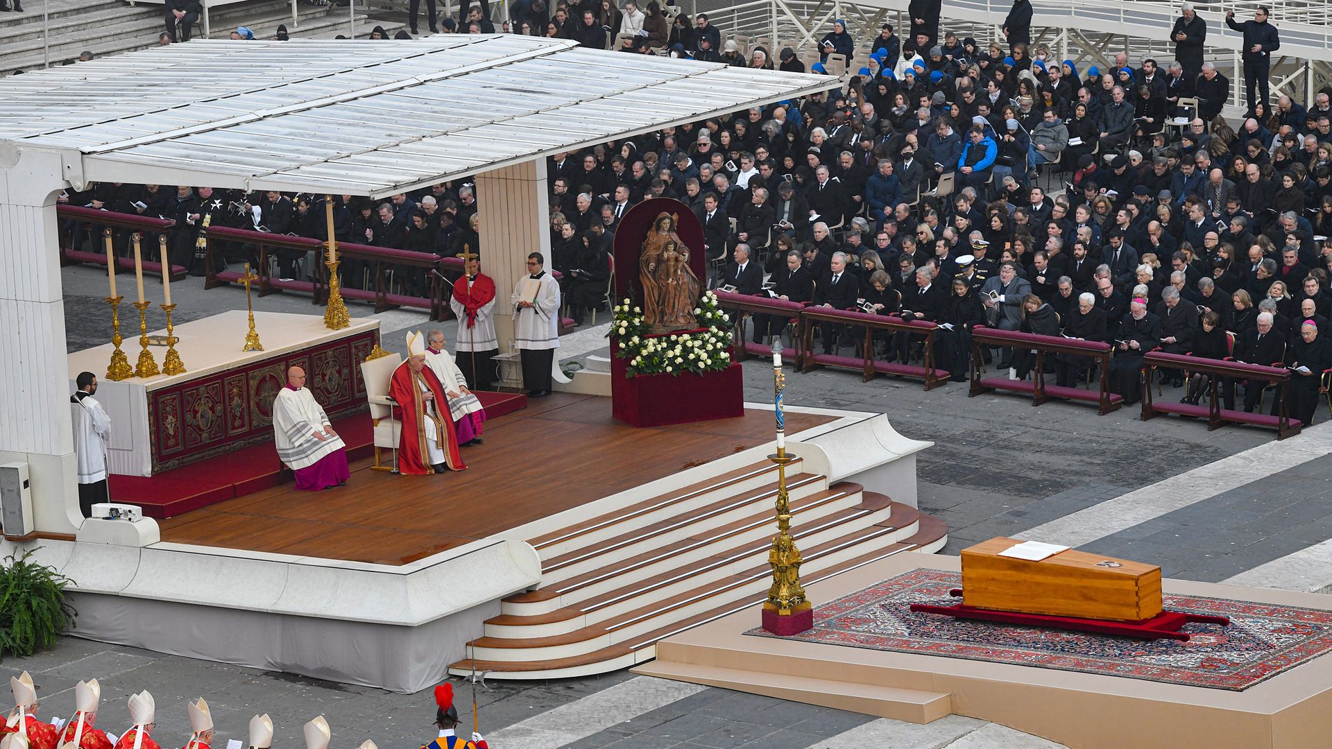 Pope Francis attends the funeral mass of Pope Emeritus Benedict XVI at St. Peter's Square in the Vatican, on January 5, 2023