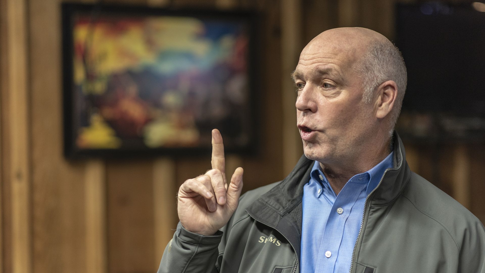 Then-Montana GOP Congressman Greg Gianforte meets with members of the business and environmental community at Chico Hot Springs below Emigrant Peak on October 10, 2018 in Pray, Montana.