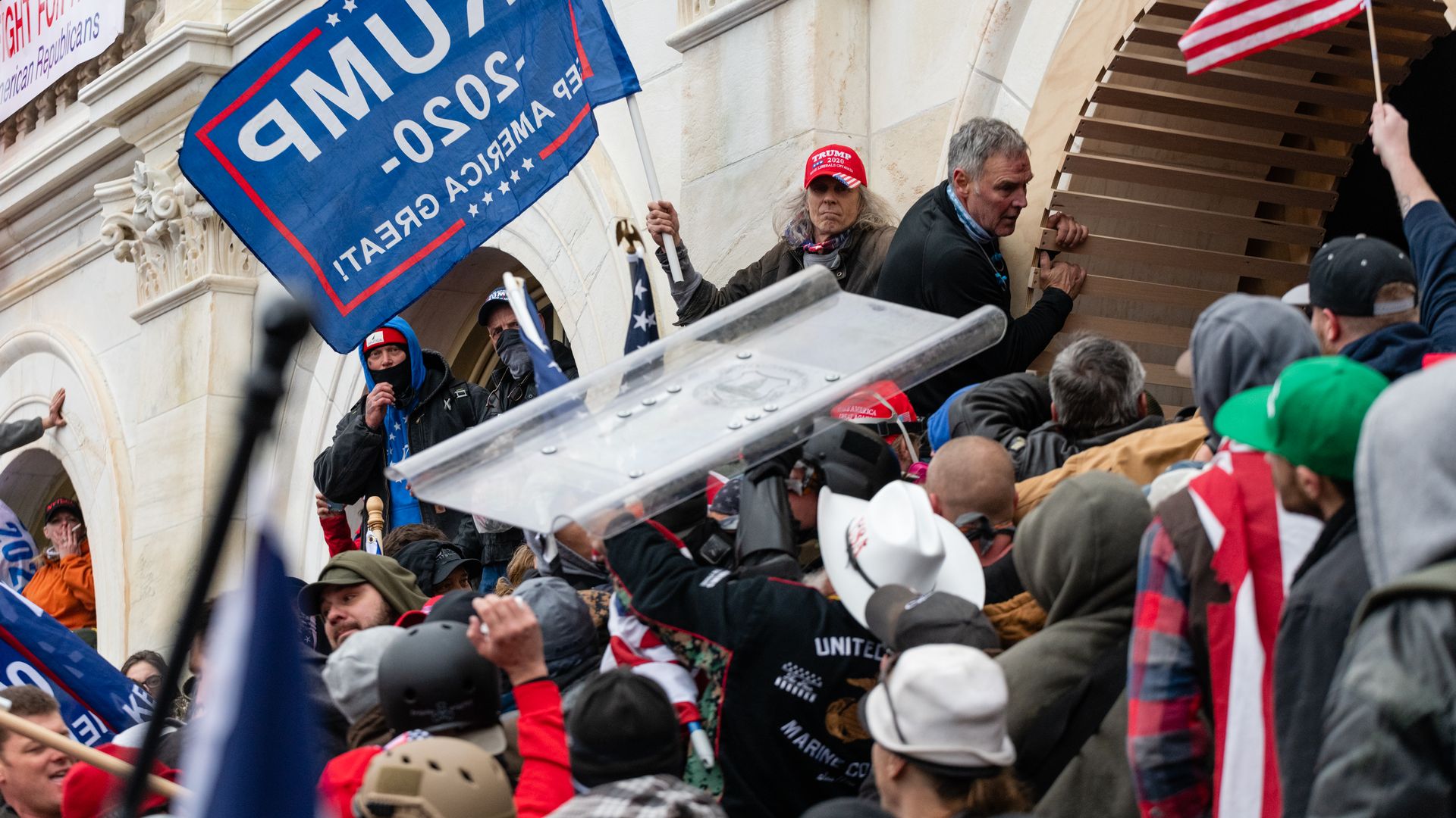 Rioters attempting to breach the U.S. Capitol building on Jan. 6, 2021.