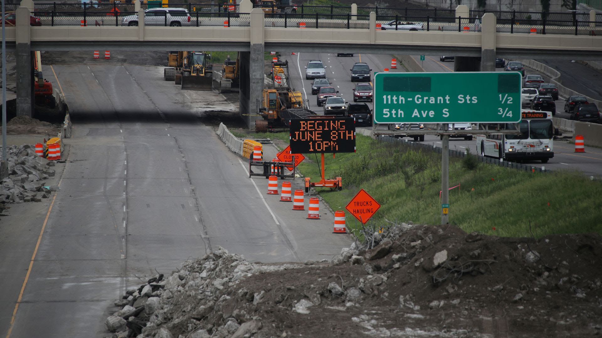 A dug-up road closed off Minneapolis' Interstate 35W, which has been under construction since 2017.