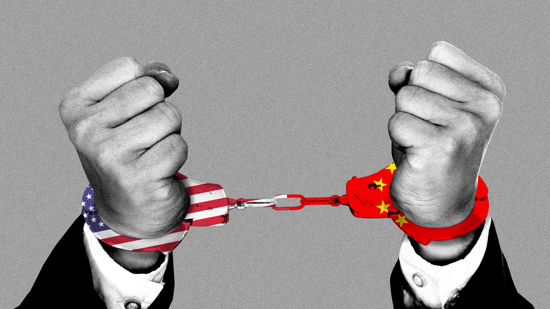 Illustration of man in handcuffs with U.S. and Chinese flags