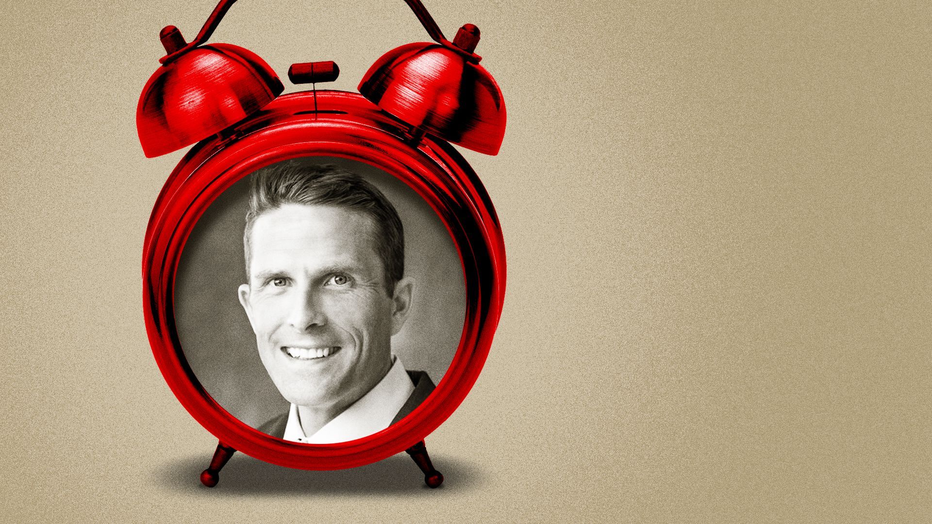 Photo illustration collage of Randy Clark inside a red alarm clock.