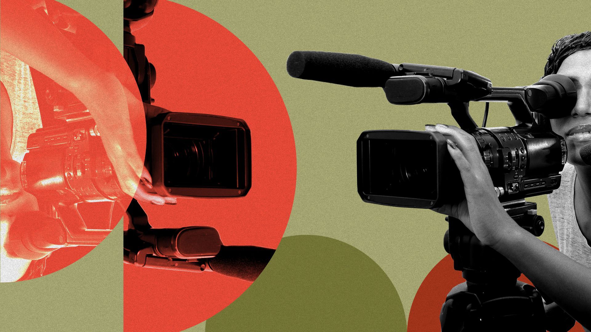 Illustration collage of a female camera operator fragmented amongst graphic shapes