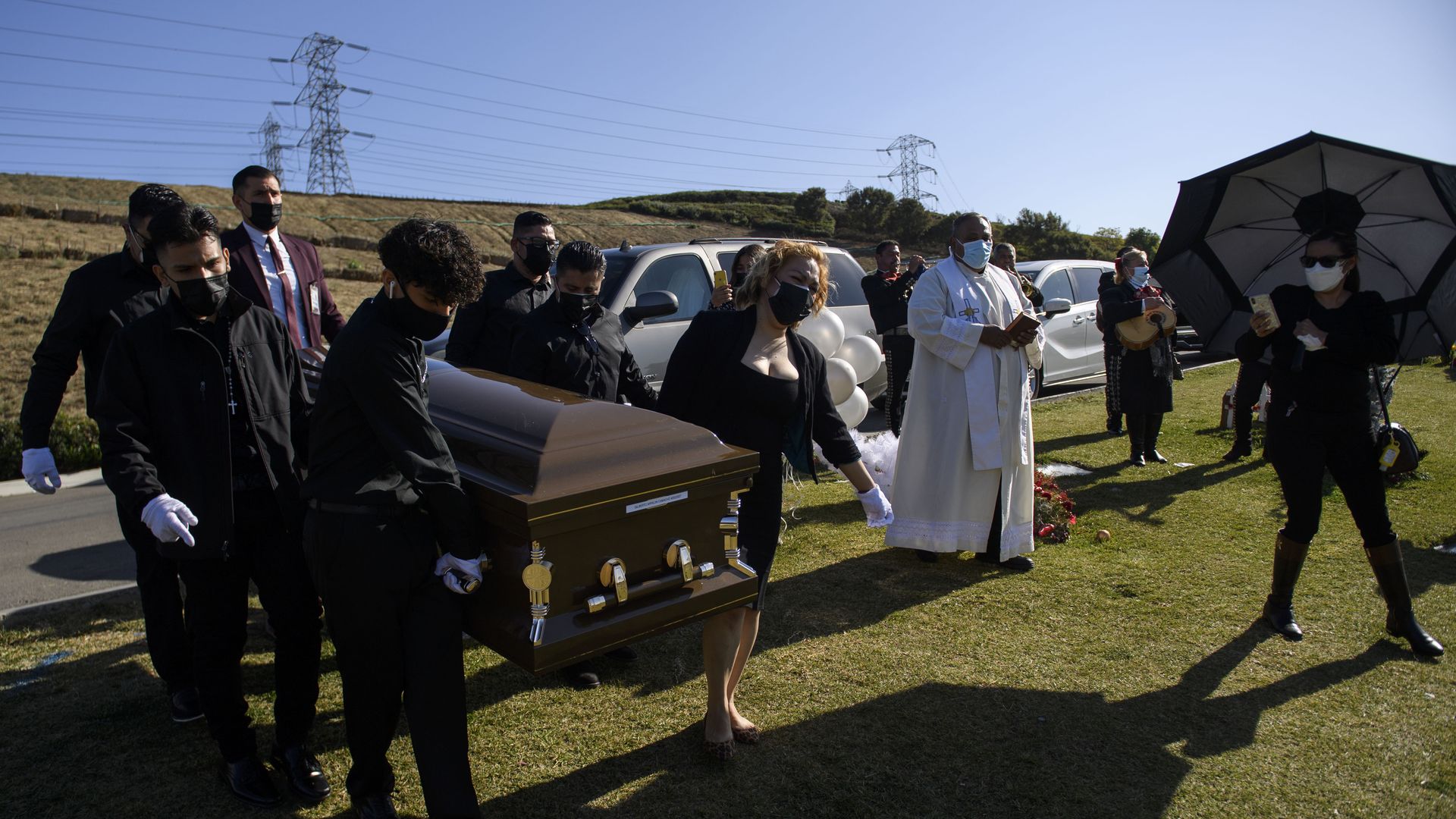 Masked funeral attendees