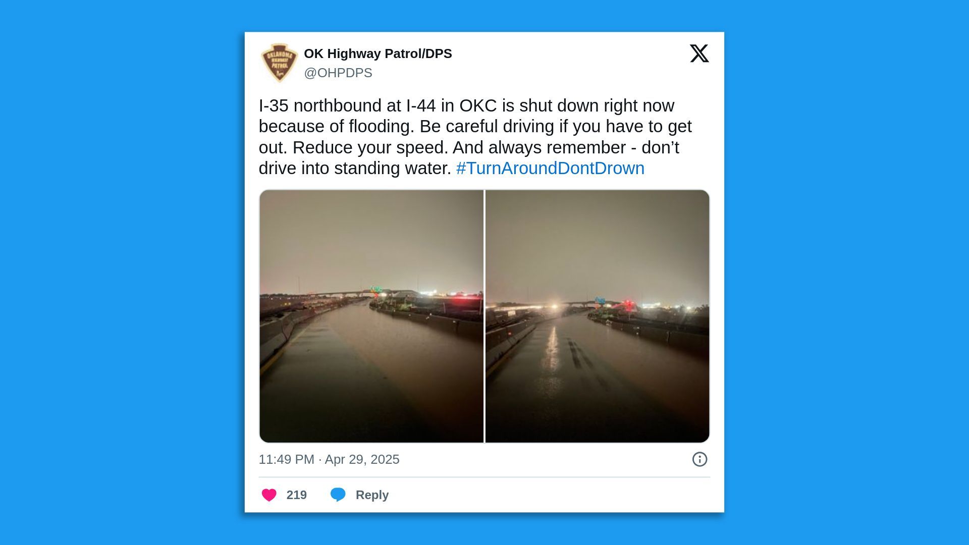A screenshot of a tweet by Oklahoma Highway Patrol showing flooded roads: "I-35 northbound at I-44 in OKC is shut down right now because of flooding. Be careful driving if you have to get out. Reduce your speed. And always remember - don't drive into standing water."