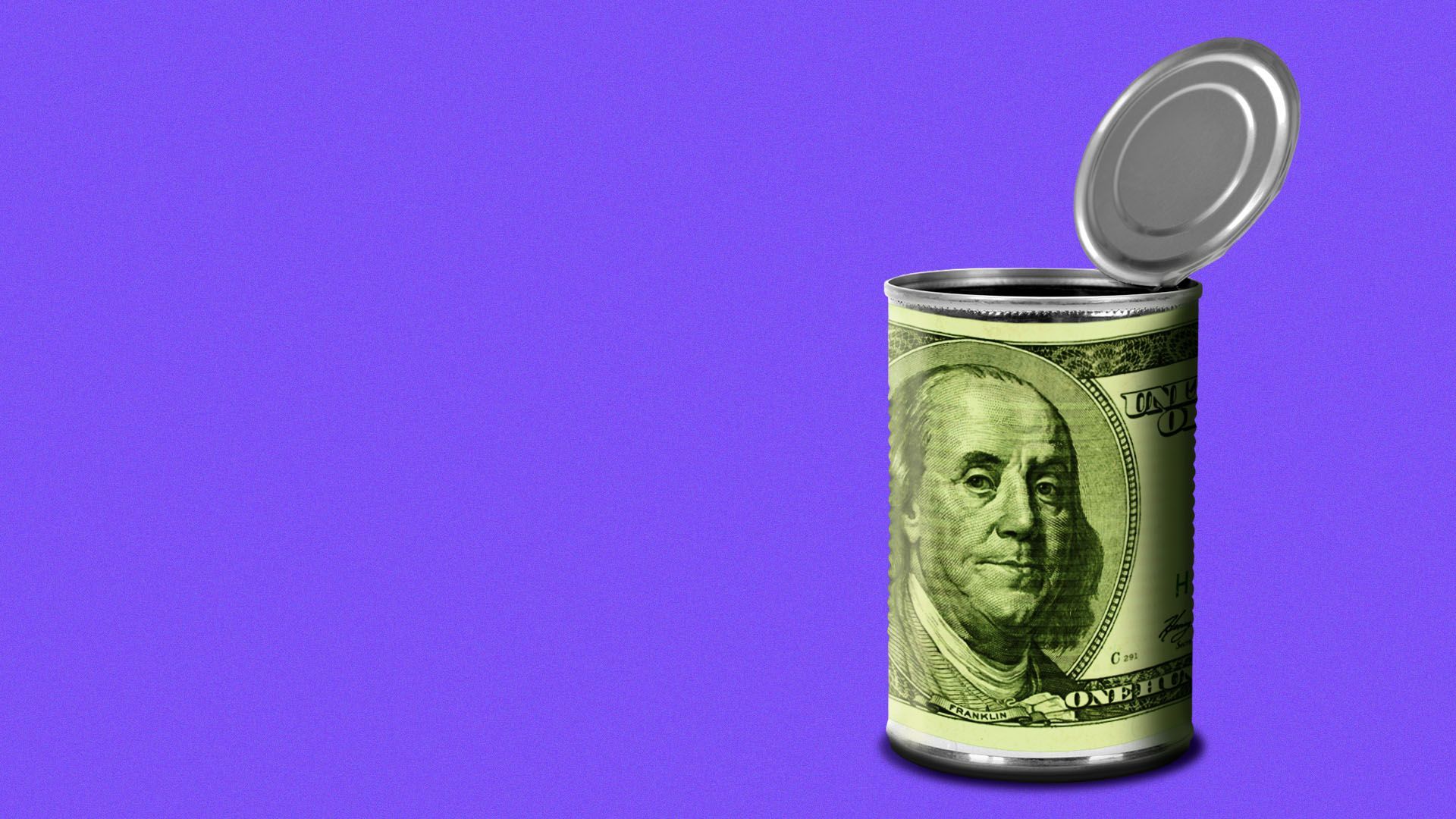 Illustration of an open tin can with a hundred dollar bill on it