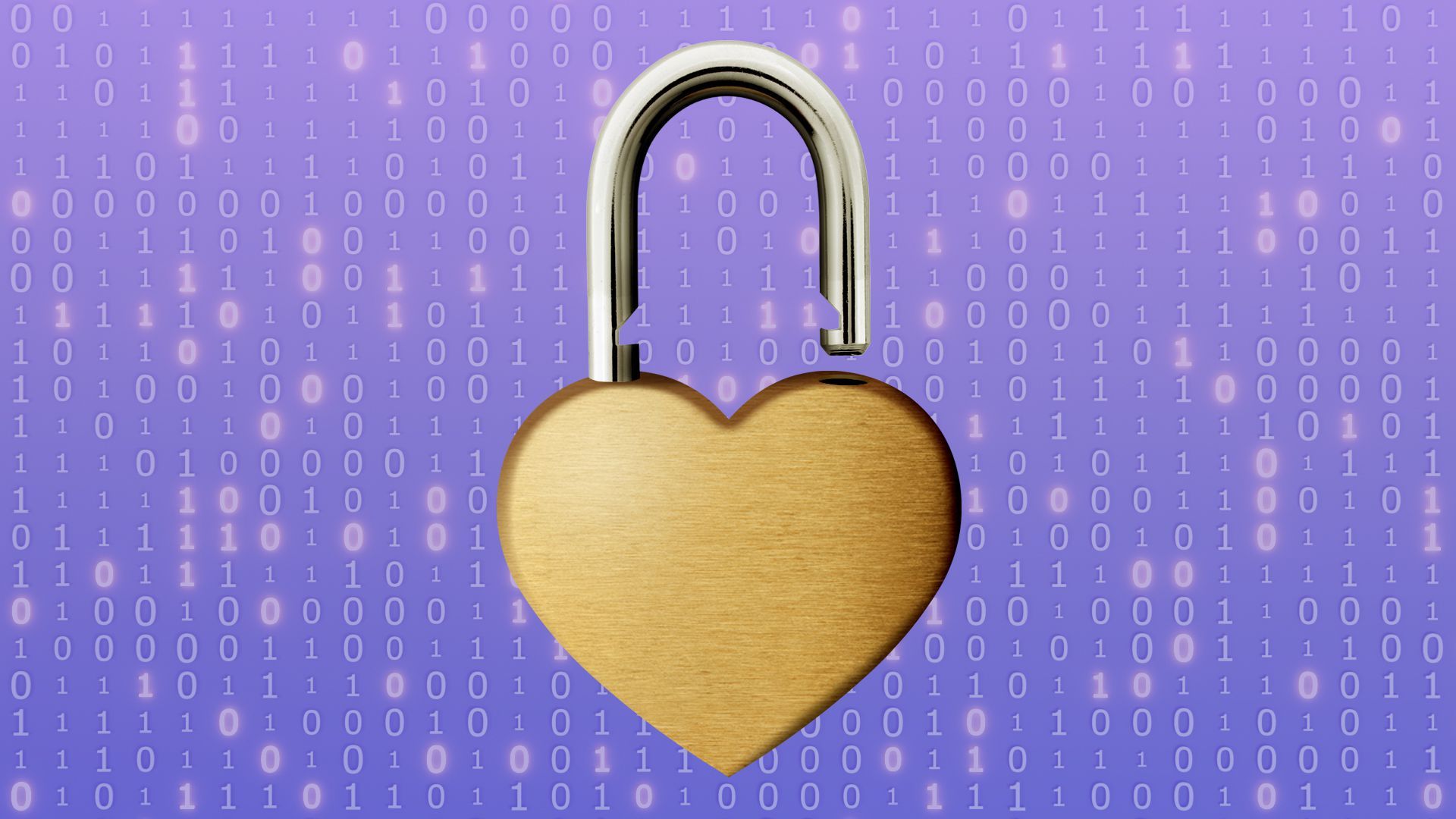 Illustration of a heart-shaped lock with a binary code background