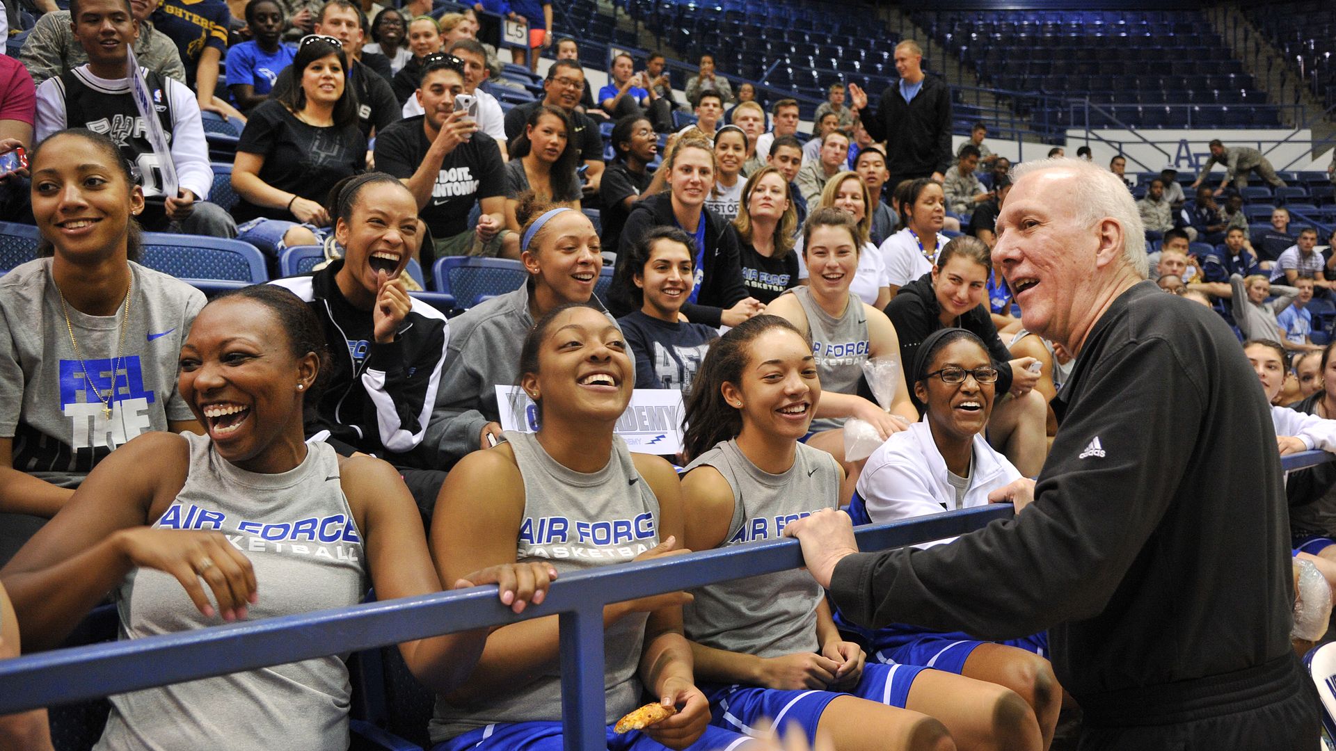 Head coach Gregg Popovich of the San Antonio Spurs talks with cadets during their practice at the United States Air Force Academy in Colorado Springs, Colorado.